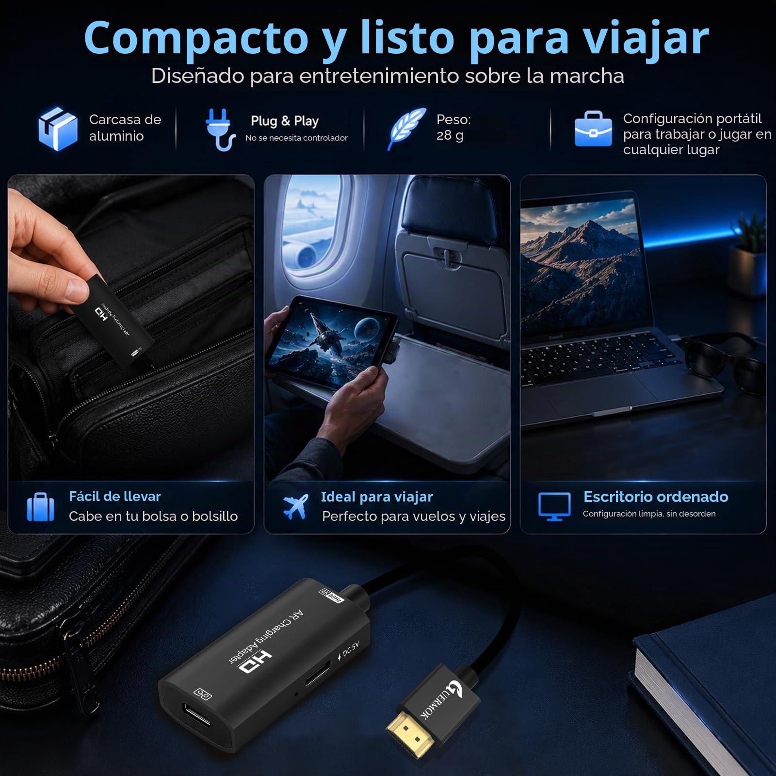 Guermok Adaptador HDMI a USB-C para gafas AR, convertidor AR 4K@60Hz con carga y puerto DC 5V – Compatible con XREAL One/Air 2 Pro, RayNeo, Rokid, Switch2/1, Xbox1, PS4/5, monitores portátiles (Negro)