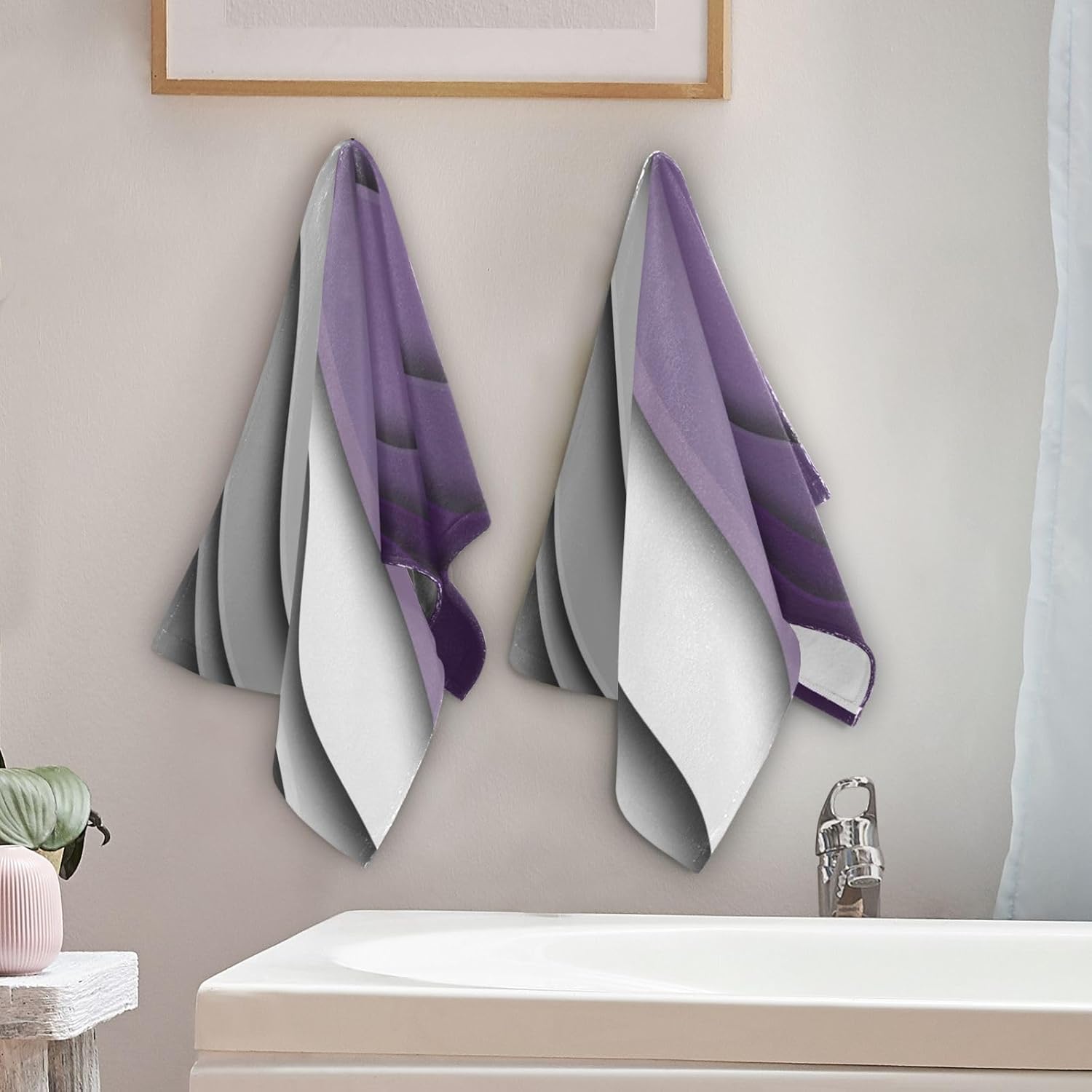 Purple Grey Gradient Stripes Hand Towels Set of 2 Soft Mid Century Beach Themed Abstract Bath Fingertip Towels Decorative Hand Towels for Bathroom Guest Face Towel Kitchen Dish Towels 14"x28" - Image 3
