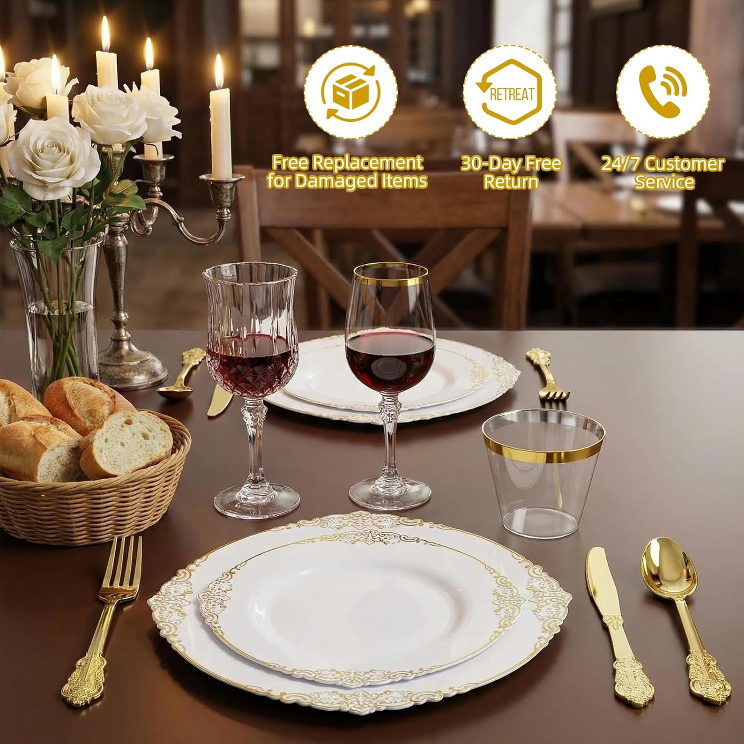 Gold Plastic Dinnerware Sets for 25 Guests - Gold Plastic Plates - 50 Disposable Plates, 75 Silverware, 25 Cups, 25 Napkins for Wedding & Party