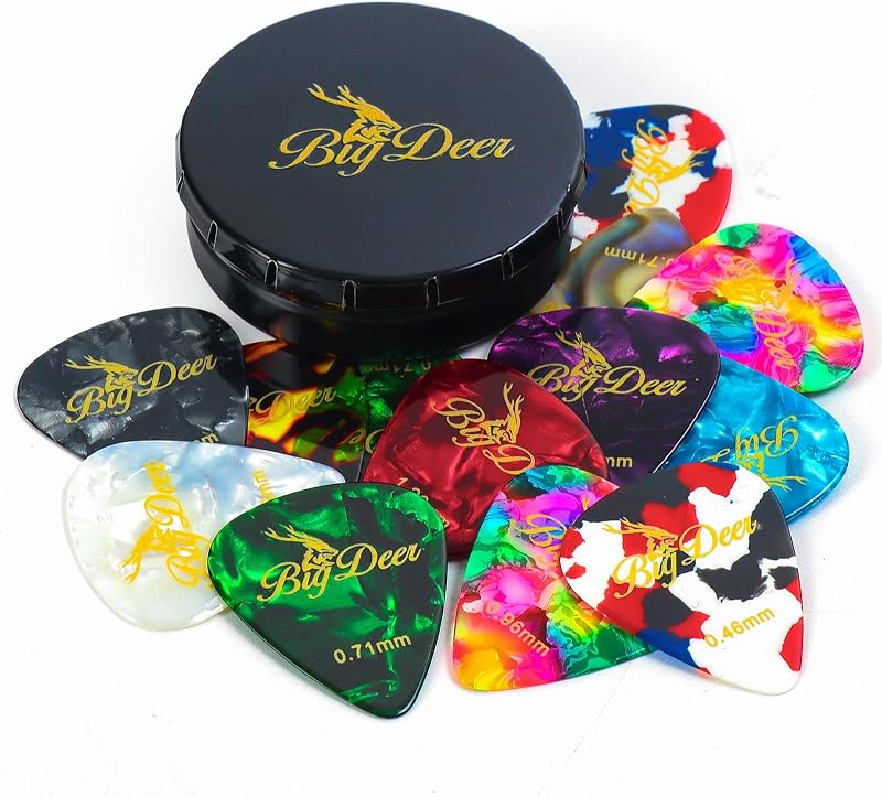 16 pack Celluloid Guitar Picks ，includes Thin,Medium, Heavy & Extra Heavy Picks Plectrums for Acoustic Guitar,Ukulele,Bass Wrapped in tin box