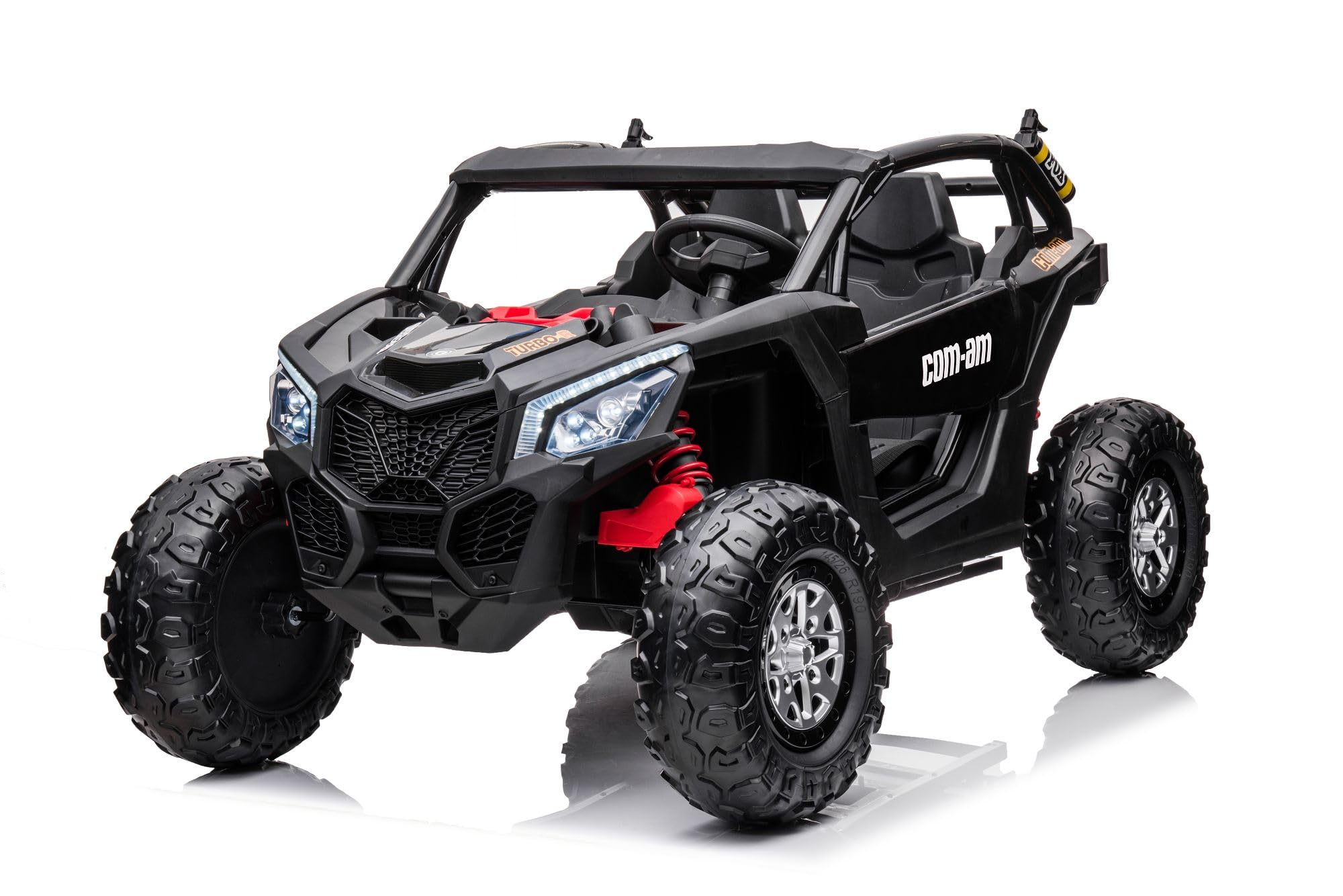 Kinderfahrzeug - Elektro Auto Com 18" - 24V7A Akku,4X Motoren- 2,4Ghz, Allrad+2 Sitzer+Ledersitz+Eva (Schwarz)