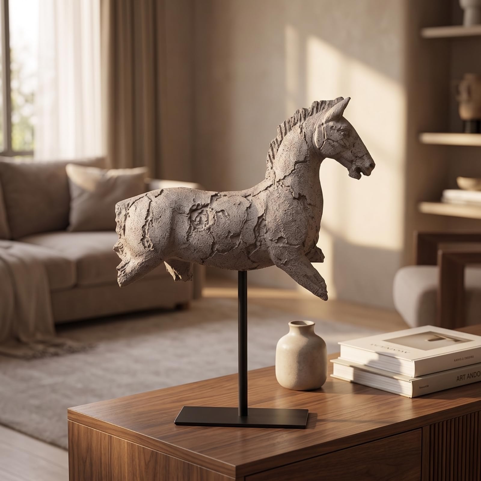 Escultura de Caballo Decorativa en Resina con Acabado Rústico y Textura Esculpida sobre Soporte de Metal Robusto Adecuada para Consola Sala Oficina Librería, Gris, 31.5 10 40cm