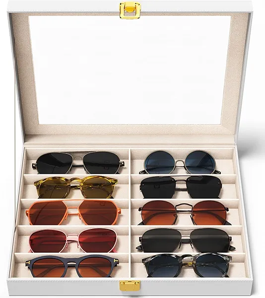 sensok Sunglasses Organizer Storage Box - 10 Slots Eyeglass Display Case for Multiple Pair Glasses, Sunglass Holder with Clear Glass Lid, Jewelry and Watch Collection Box for Women and Men, White