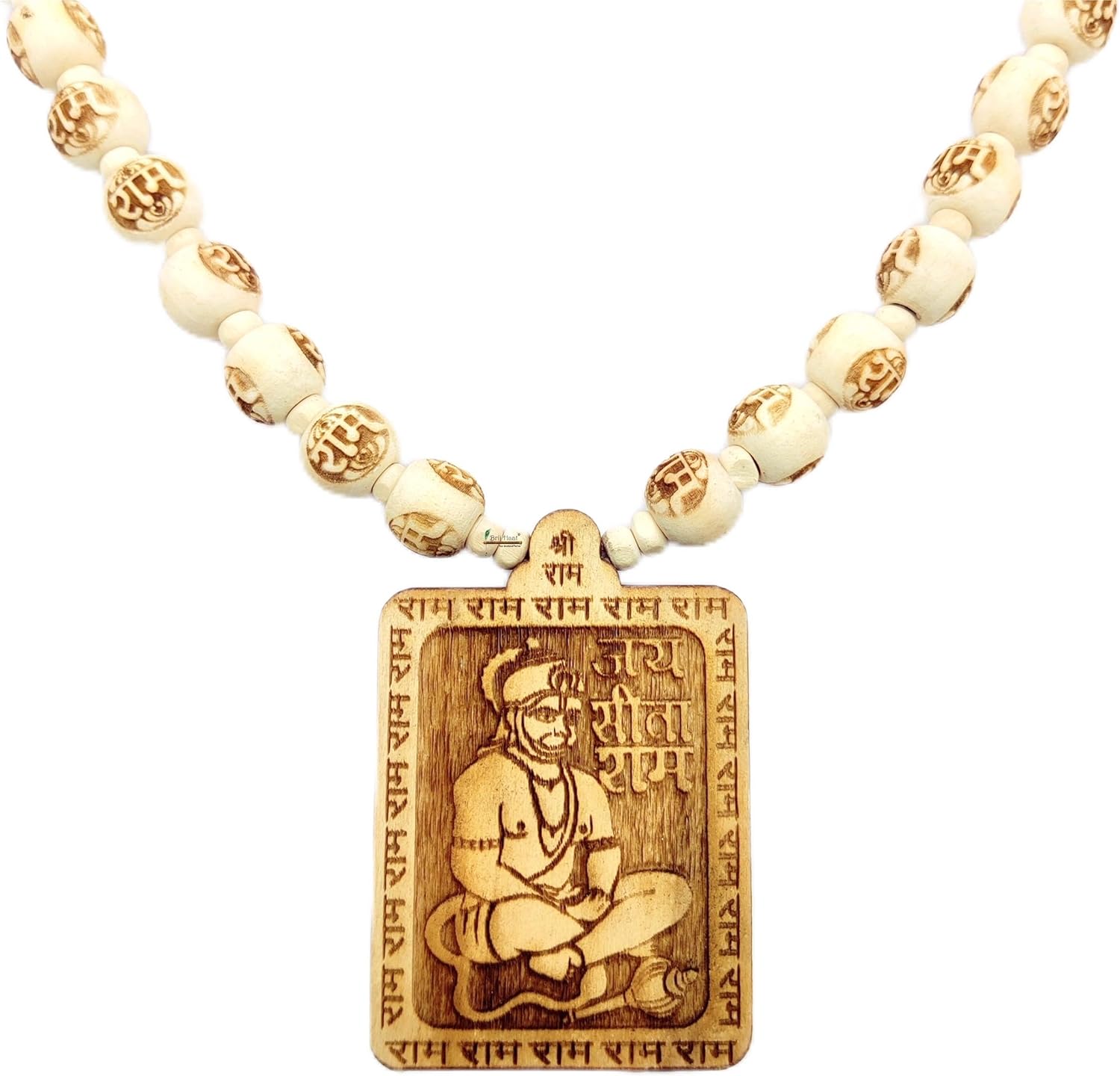 BRIJ HAAT Wooden Handmade Carving Indian Lord Hanuman ji mondey Locket/pendant with Beautiful ram carving beads tulsi Mala Indian jewellery