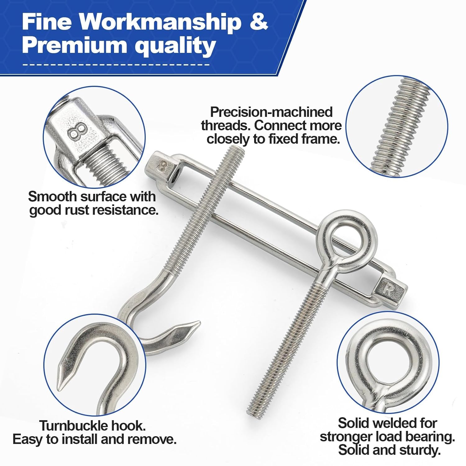 TooTaci 10PCS M8 Turnbuckle 304 Stainless Steel Turnbuckle Hook and Eye, Heavy Duty M6 M8 M10 Tensioner Adjustable Shade Sail Hardware for Cables Wire 3/16" 1/4" 5/16" /3/8", Trampoline, Tent, Tarps