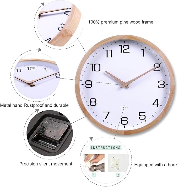 Reloj de pared Kesin 12 pulgadas redondo de madera blanco analógico silencioso miniatura 4