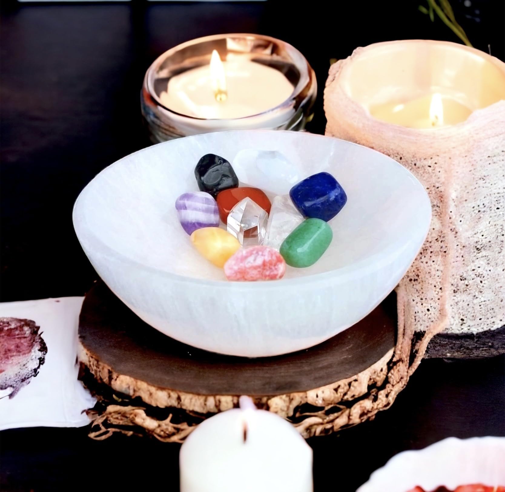 4All Bol de nettoyage rond en cristaux de sélénite - Pierre de sélénite super naturelle - Outil de méditation - Fait à la main - 8 cm