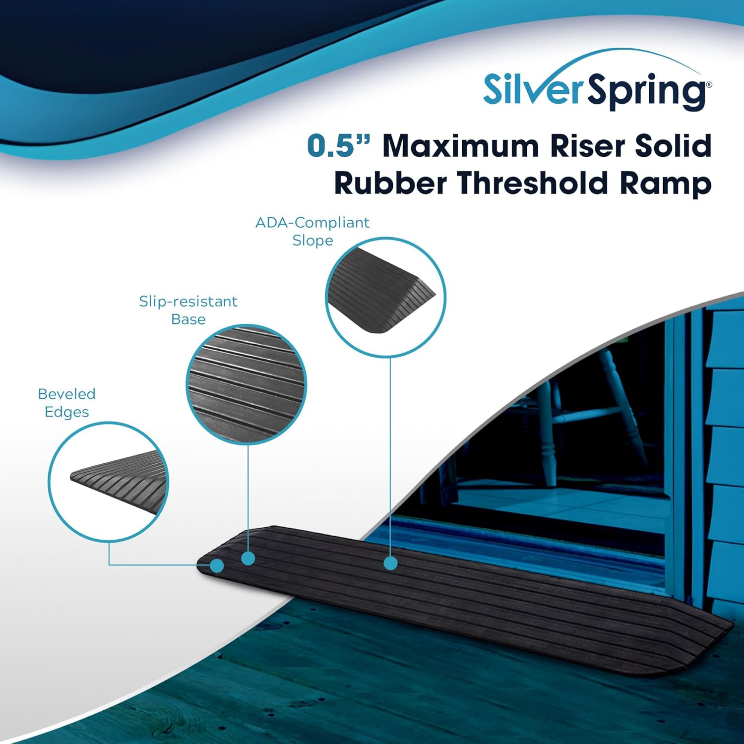 Silver Spring Solid Rubber Threshold Ramp for Wheelchairs, Scooters & More, 0.5" Rise, Black - Heavy-Duty and Portable Doorway Ramps for Mobility Aid