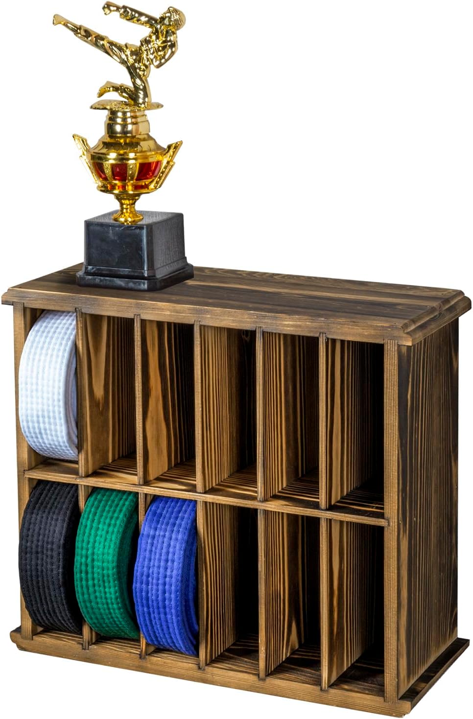 MyGift 12 Compartment Rustic Burnt Solid Wood Wall Mounted Dual Display Martial Arts Belt Holder with Top Trophy Storage Shelf in Horizontal or Vertical Mount