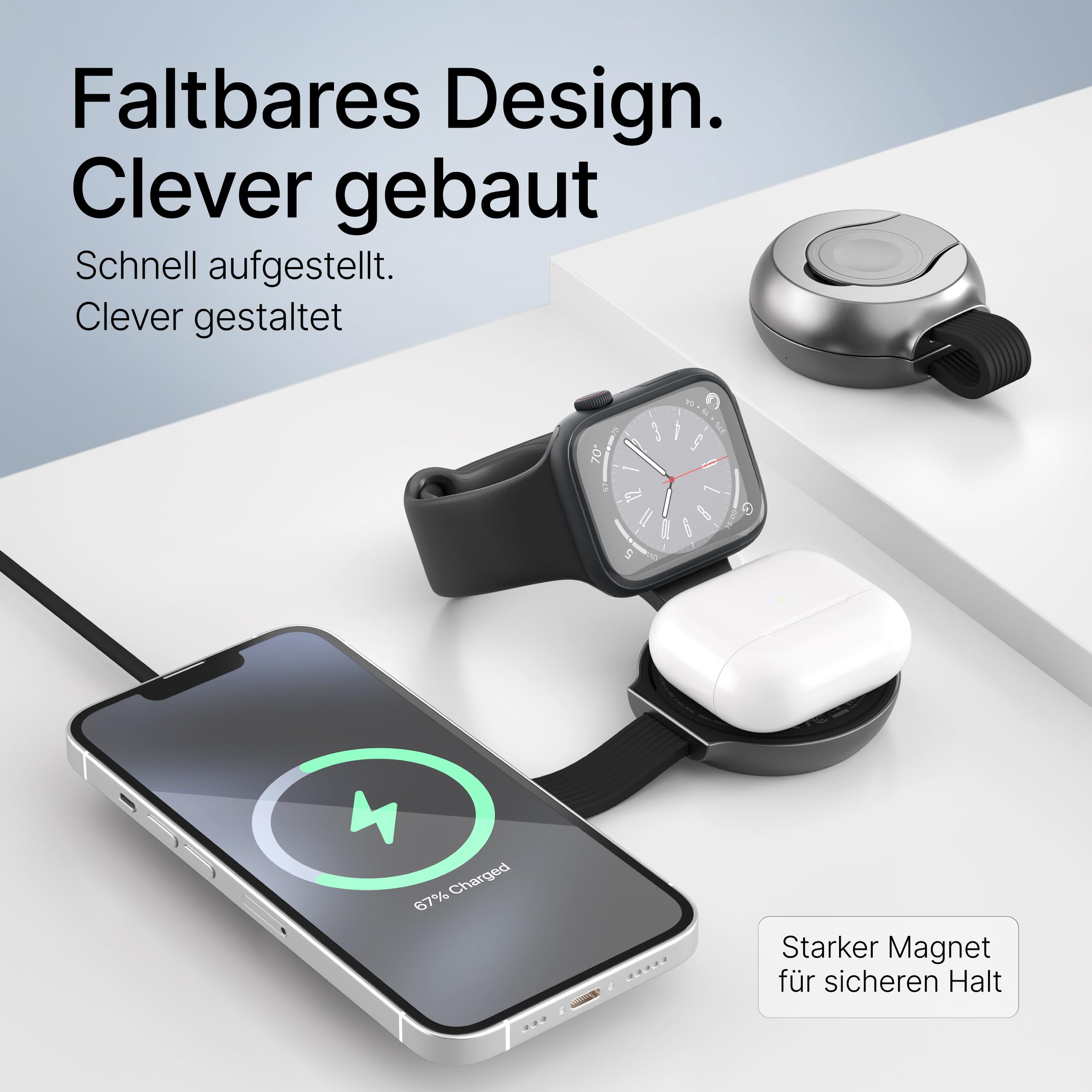 QI 2.2 stazione di ricarica 25 W - 3 in 1 stazione di ricarica da viaggio compatibile con MagSafe per iPhone, Apple Watch, caricatore pieghevole con adattatore da 45 W e cavo USB-C (antracite)