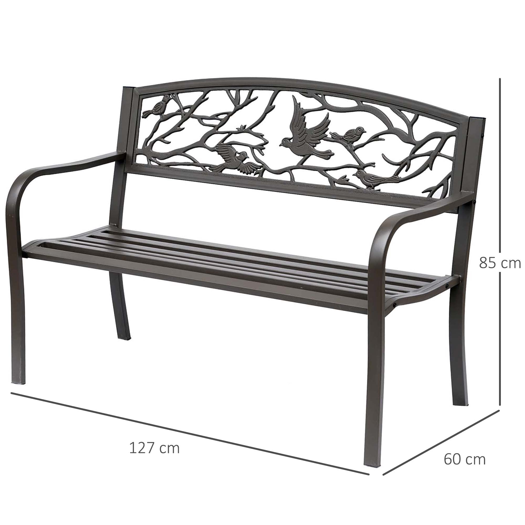 Outsunny Banco de Jardín de Acero Banco de Exterior con Apoyabrazos y Respaldo con Imagen de Animales Carga 240 kg para Patio Terraza 127x60x85 cm Marrón
