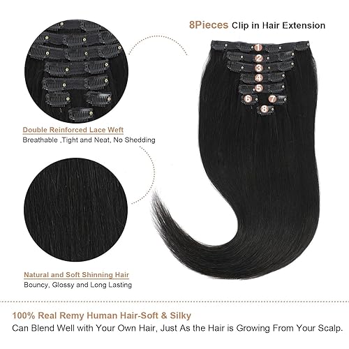 Miniatura 5 de Extensiones de cabello humano real con clip de doble trama de 14 pulgadas, 8 unidades, 3.53 oz (3.53 oz), lacio y sedoso, extensiones de cabello