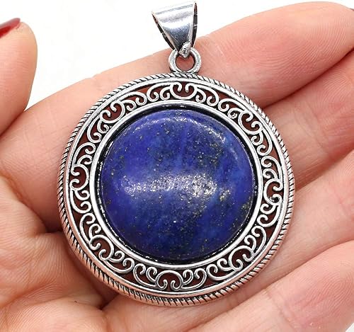 Miniatura 5 de LHJ 4 colgantes de piedra natural, retro, redondos, mezclados, de cristal, base de aleación hueca, para hacer joyas, collares, aretes, Piedra