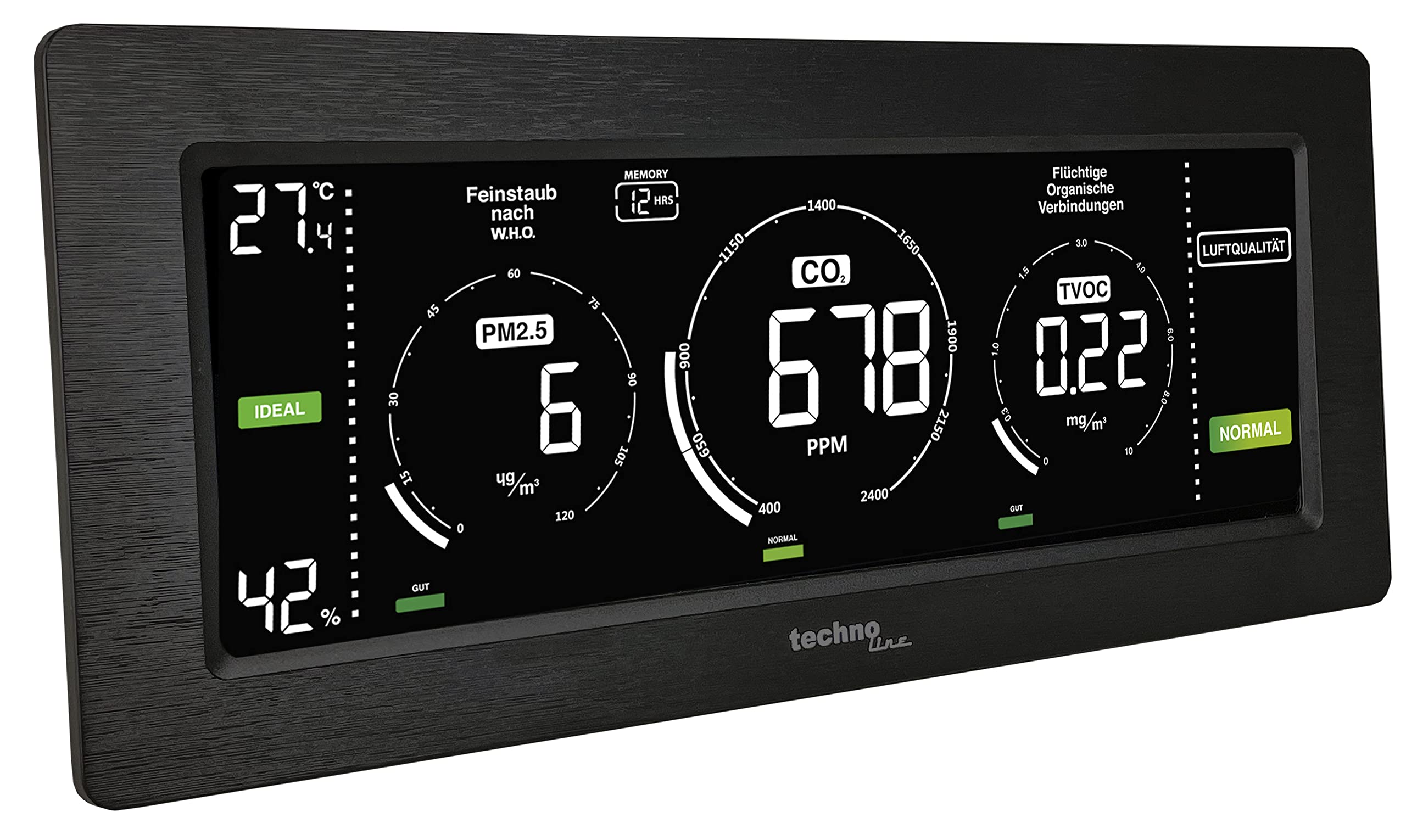 Techno Line Moniteur de qualité de l'air, Affichage coloré de la Concentration de CO2 et TVOC, Affichage des poussières Fines, Appareil de Mesure pour la qualité de Votre air intérieur