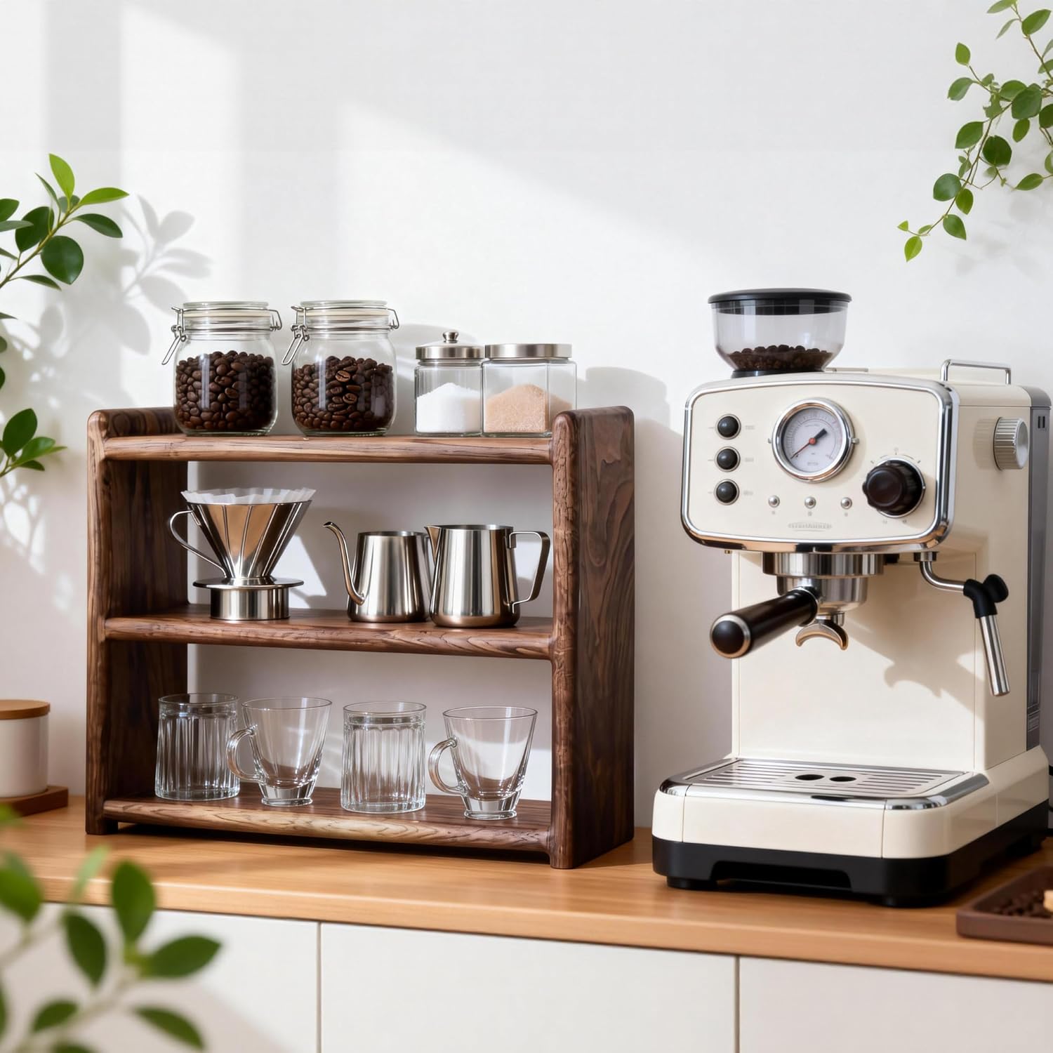 Solid Black Walnut Wood Coffee Mug Display Shelf Cup Holder Countertop Kitchen Storage Shelf Spice Jar Organizer, for Home Office Coffee Station Bar (Large)