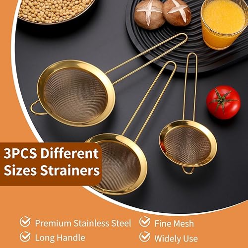 Miniatura 5 de Juego de 3 coladores de malla fina, colador dorado para exprimir jugo de acero inoxidable, juego de 3 coladores de malla fina con asa para cocina,