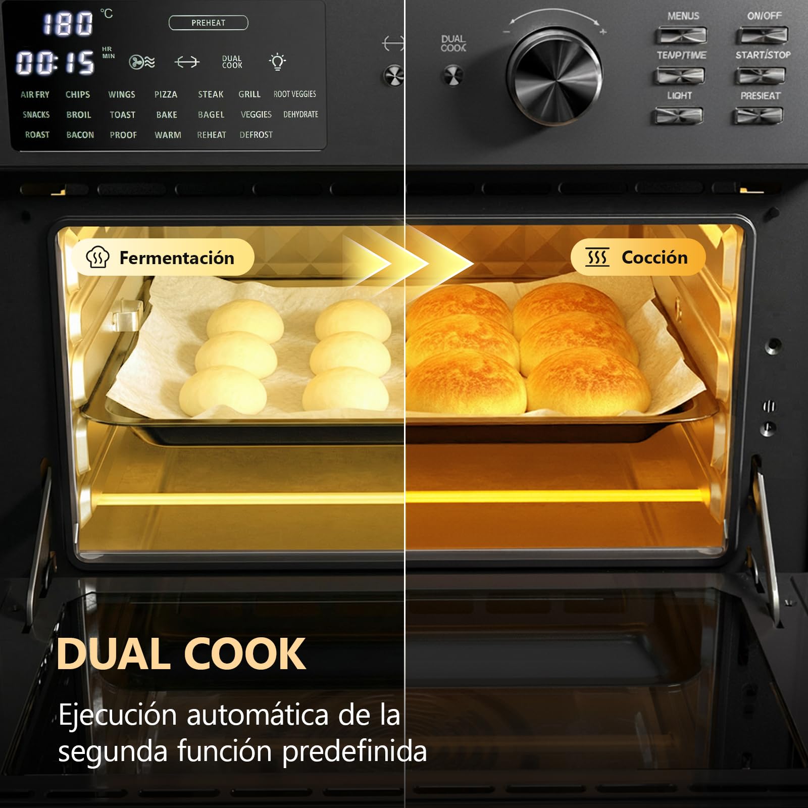 Horno Freidora de Aire Caliente,Gris XXL Freidoras de Aire Multifunción sin Aceite,21 Pre Programas，30°-230°,1800W,Recetas, 7 Accesorios, libro de recetas, Dual Cook, freidora de aire (negro)