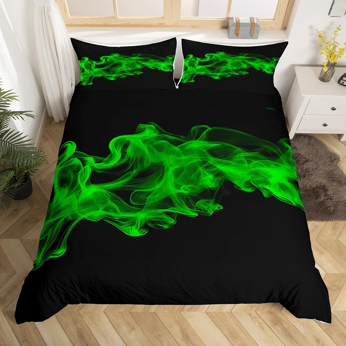 Feelyou Ombre Green Black Bedding Set Full Size Abstract Duvet Cover for Boys Girls Teens Bedroom Decor Smokey Comforter Cover Set Women Men Modern Art Bedspread Cover with 2 Pillow Case,No Comforter