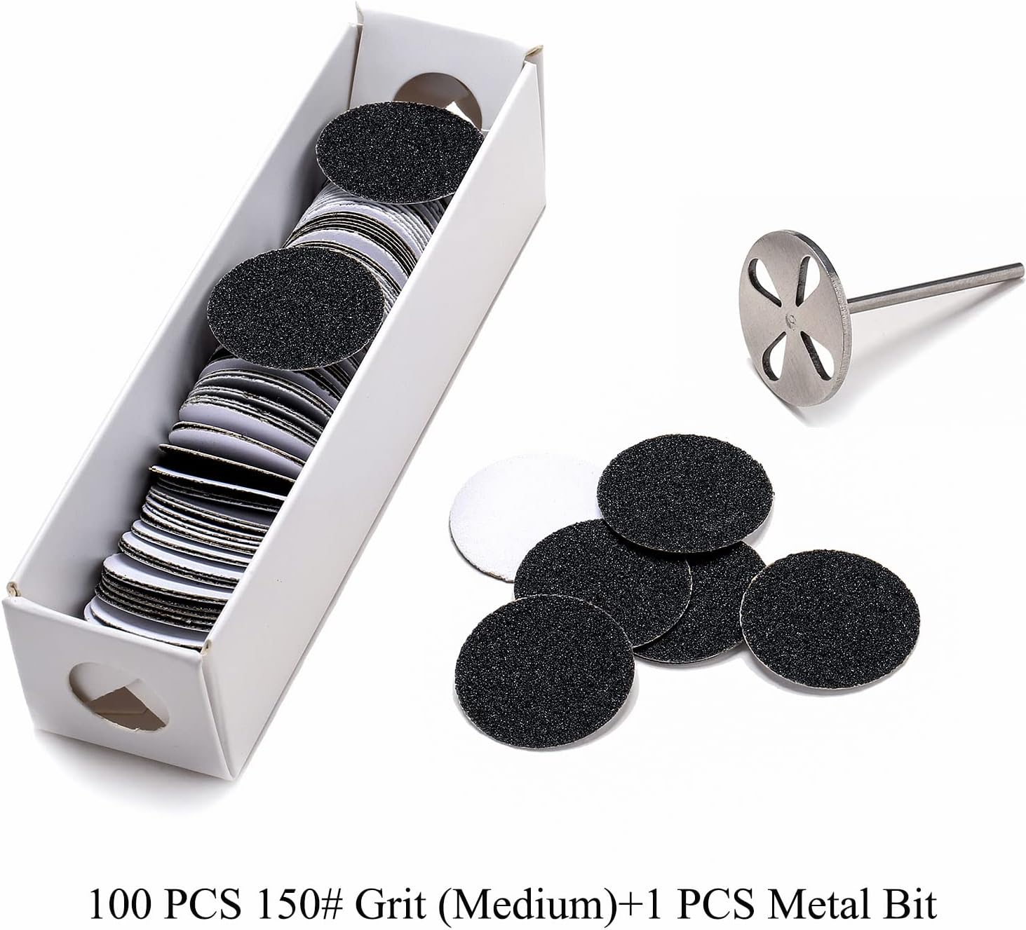 100pcs Sandpaper Disc and 1pcs Metal Bit, 3/32 Shank Replaceable Pedicure Sanding Disc Bit for Dead Skin Callus Removal Electric Foot File Tools (150#(Medium))