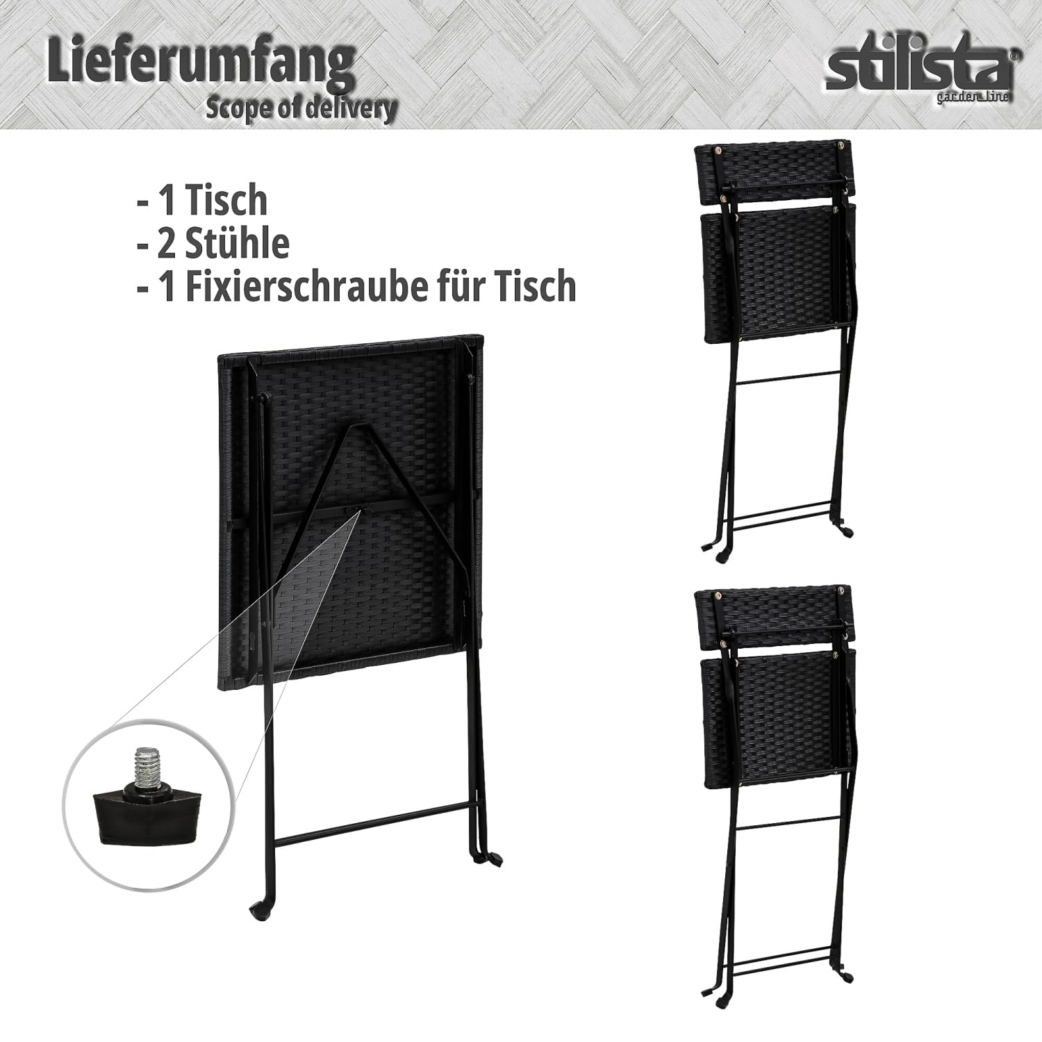 STILISTA Bistro-Set 3-teilig aus Polyrattan 1x Tisch + 2X Stuhl, klappbar in schwarz