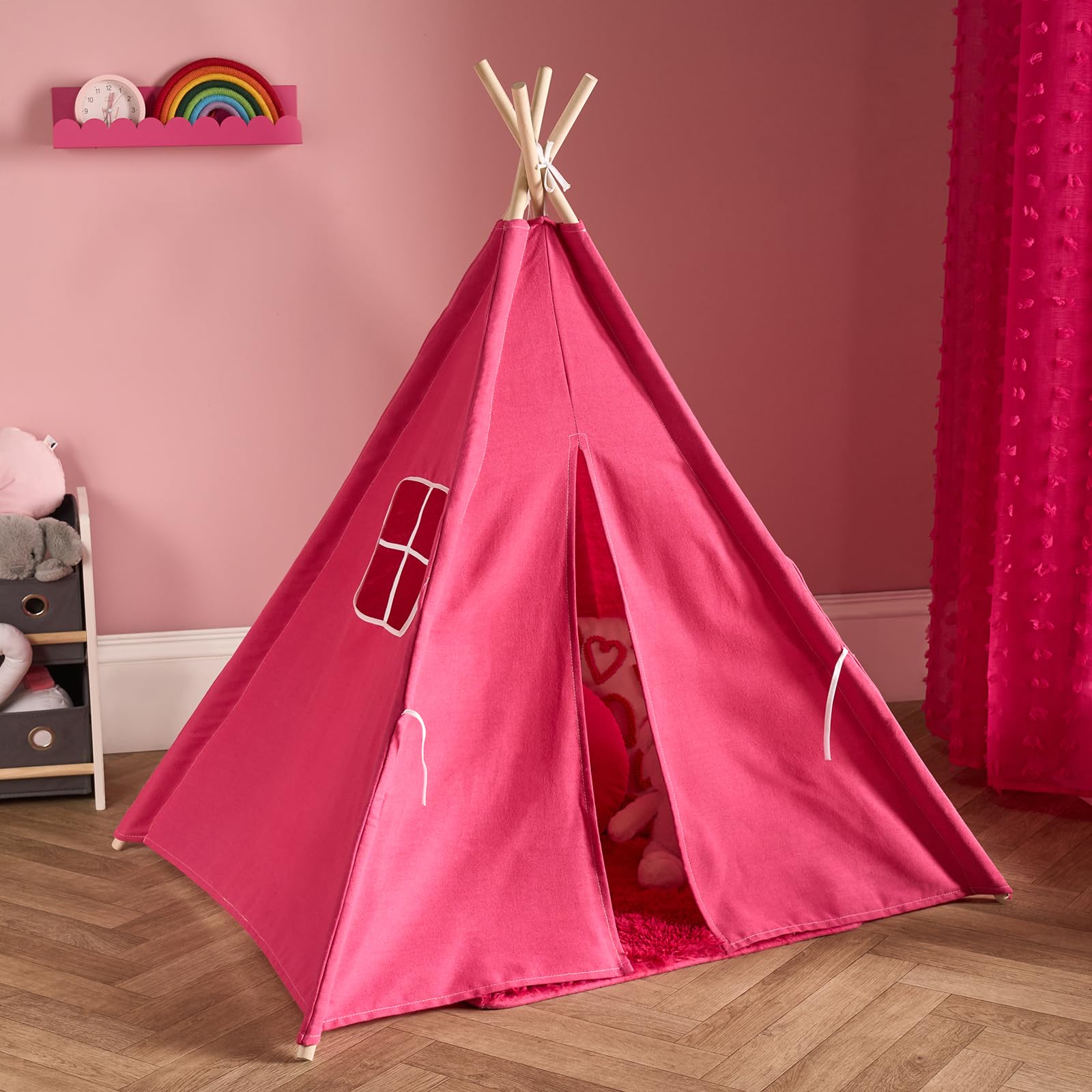 OHS Teepee Tent for Kids, Foldable Play Tent Easy to Assemble Indoor Outdoor Children Teepee Tents for Sleepover Reading Nook Portable Garden Beach Canvas Playhouse with 4 Wood Poles, Hot Pink