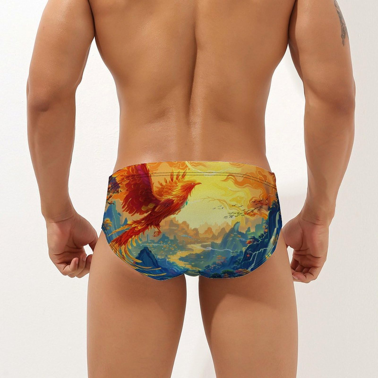 Flying Dragon Phoeniix Bird Mens Swim Briefs Quick Dry Swim Trunk Bikini Underwear Swimsuit XL