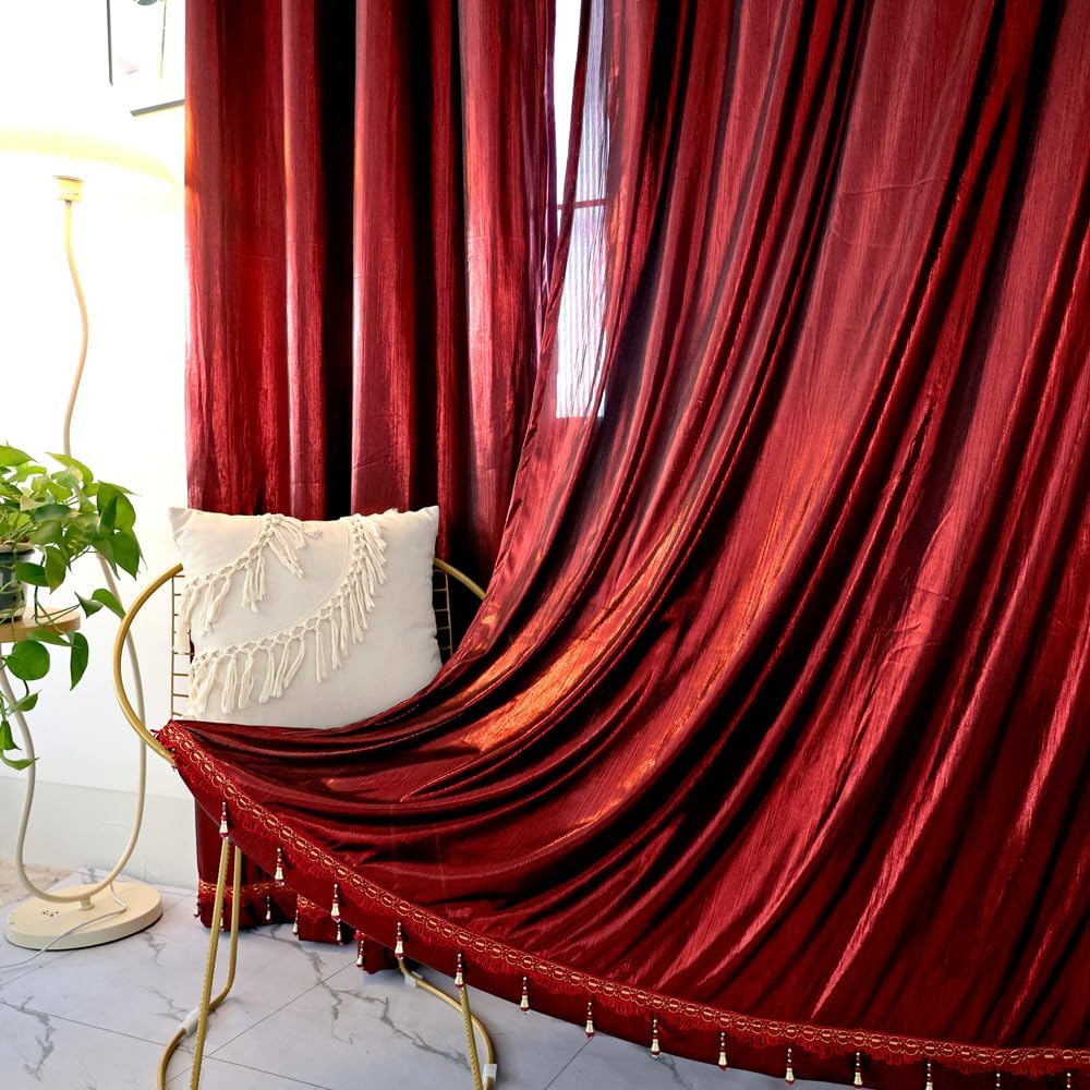 Amidoudou 1 Pair Double Layer Blackout Curtains for Bedroom Luxury Shiny Curtains for Living Room Shimmer Curtains (Wine Red,54x90 Inch)