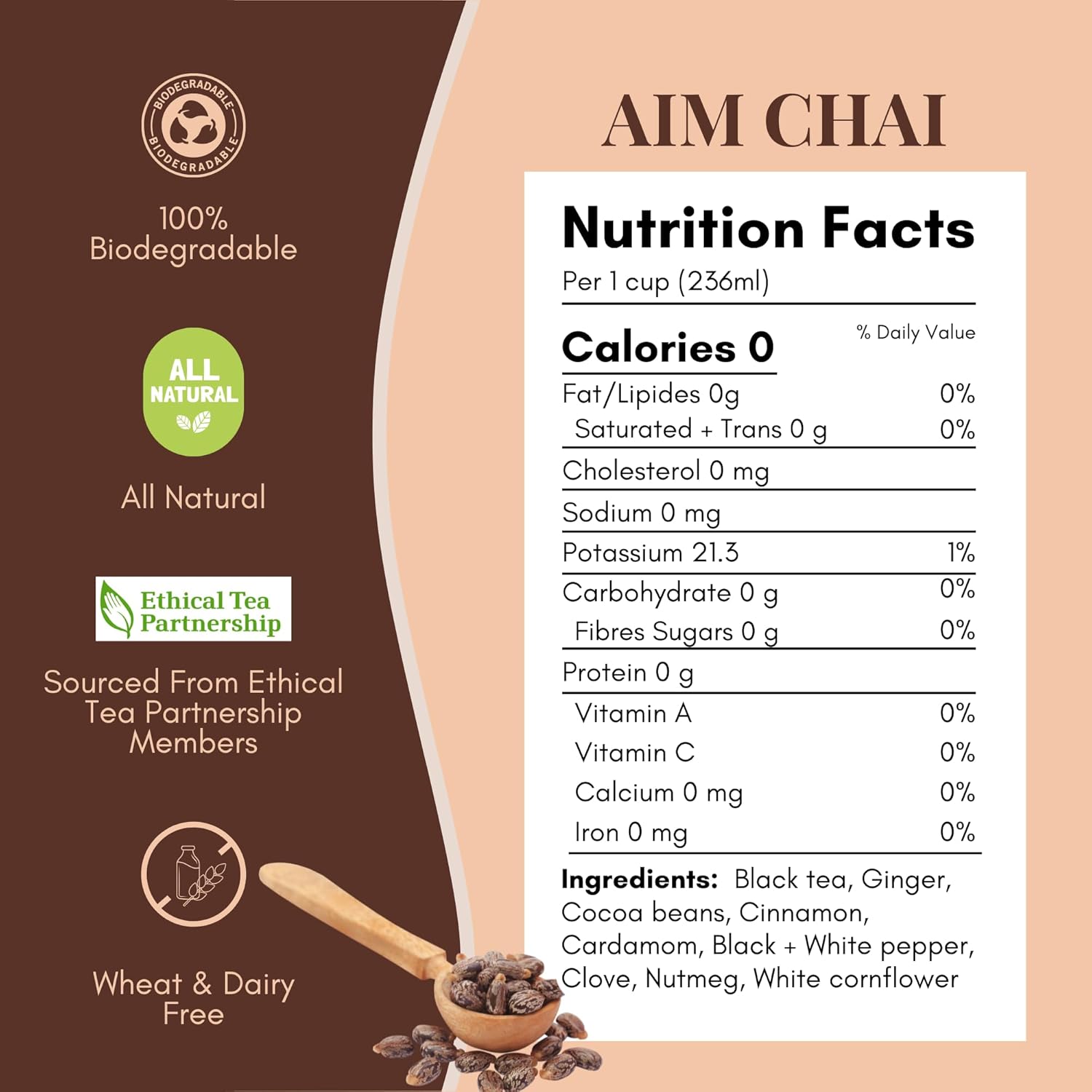 Tease Tea Loose Chai Tea - Aim Chai Organic Tea, Organic Spiced Chai, Caffeinated Herbal Tea Made with Black Tea, Ginger, Cocoa Beans and Nutmeg for an Energizing and Immunity Boosting Support
