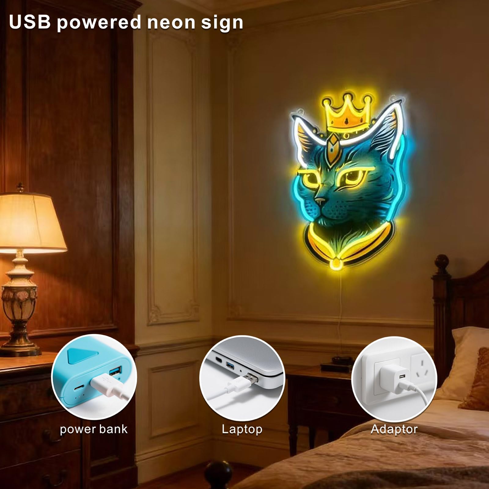 Targa al neon Cat King, regalo per gli amanti dei gatti, decorazione da parete, decorazione per dormitorio, 190 cm, alimentazione USB con regolazione della luminosità a 9 livelli, facile installazione