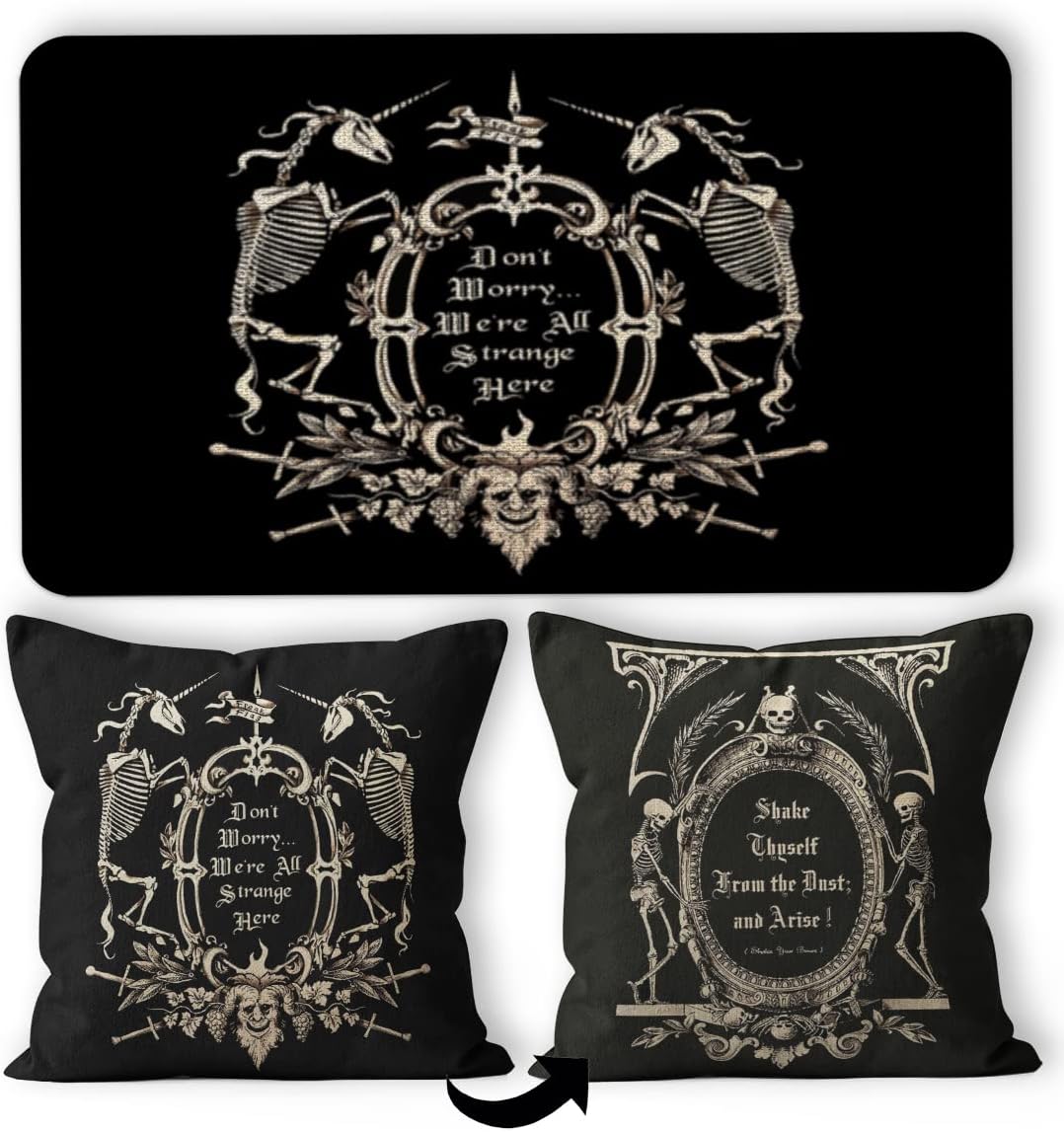 Macabre Gothic Medieval Art Decorative Doormat 17”X30”,Mori The Undead Gothic Macabre Art Reversible Throw Pillowcase 18”X18”,Set Of 1 Pillow Cover 1 Doormat,Gothic Home Door Decor,Gothic Lover Gifts