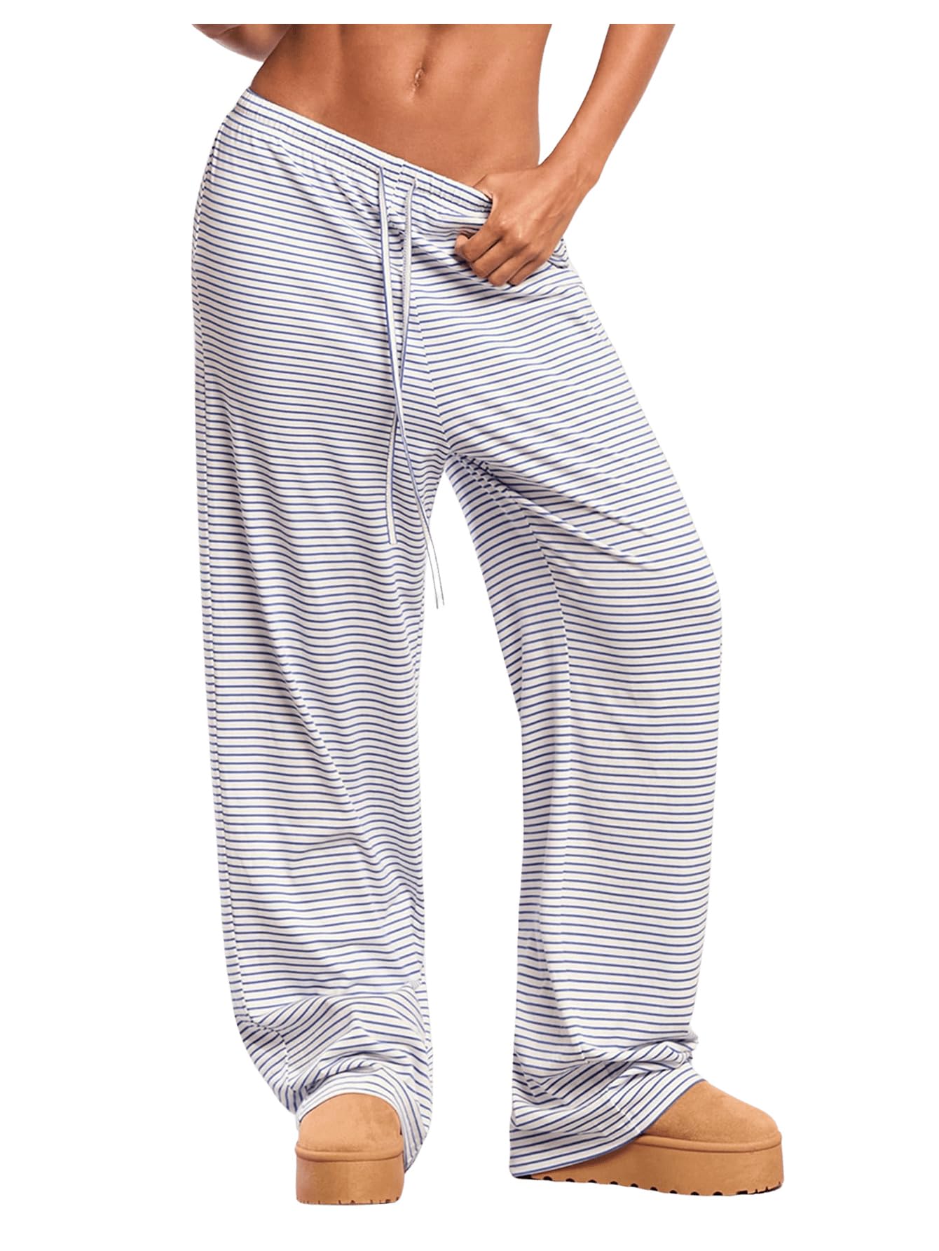 WDIRARA Womens Striped Drawstring Waist Baggy Pants Wide Leg Lounge Pants