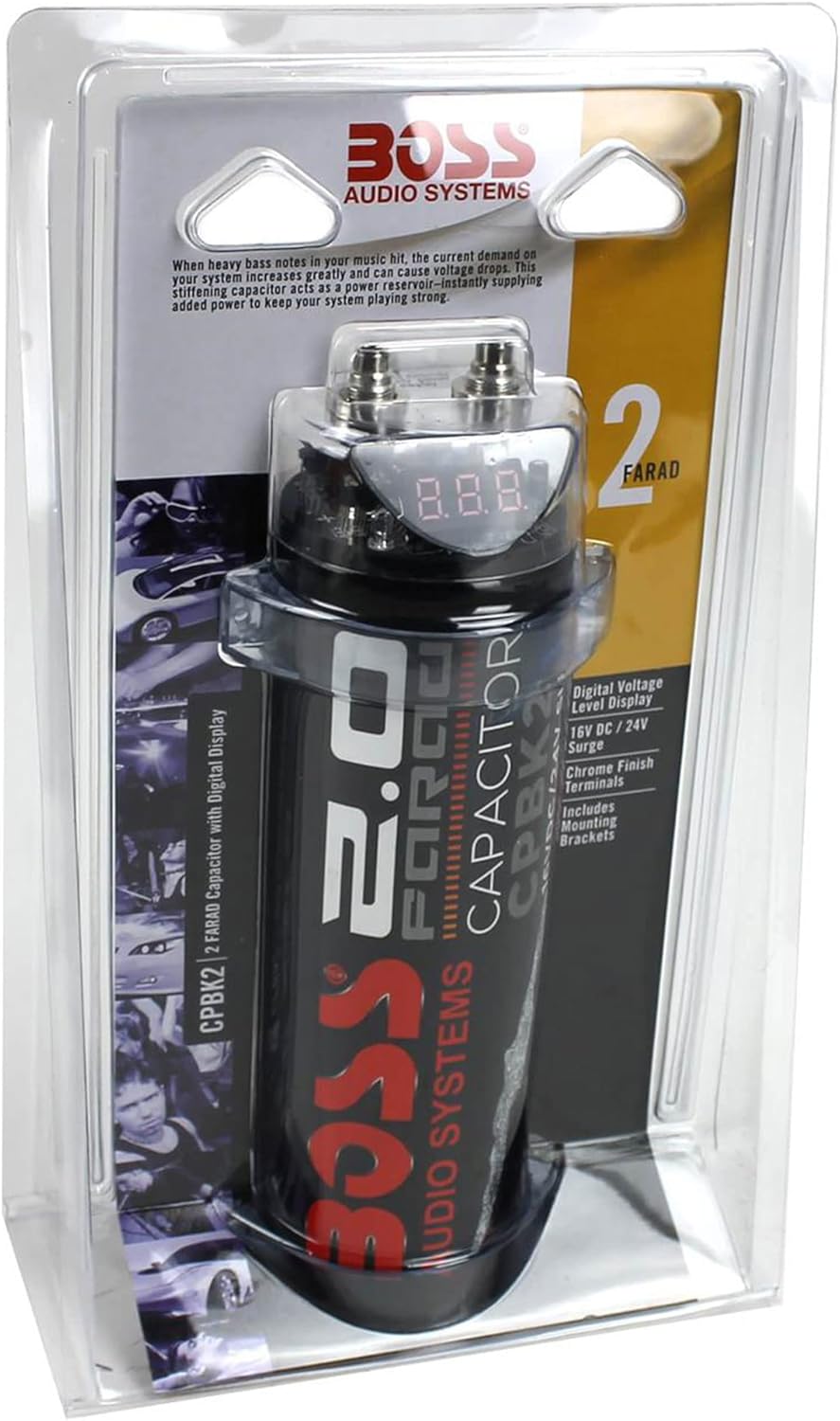 Boss Audio CPBK2 2 Farad 20-Volt LED Digital Voltage Car Audio Power Capacitor & Soundstorm AKS8 8 Gauge Car Amplifier Amp Complete Wiring Kit