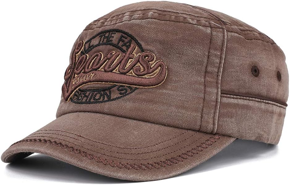 Men's Twill Cotton Peaked Baseball Cap Cadet Army Cap Military Corps Hat Cap Visor Flat Top Adjustable Baseball Hat DFH287 Brown