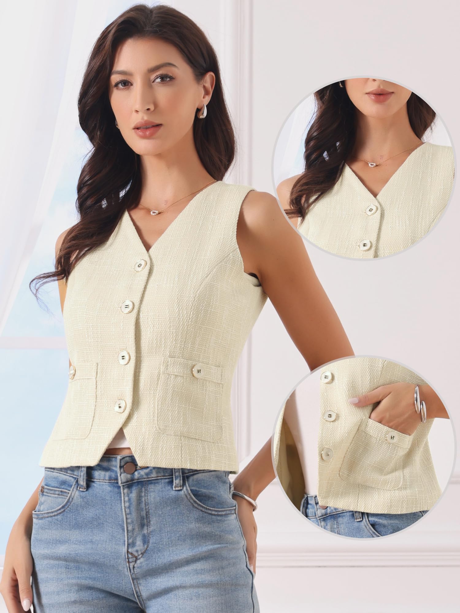Allegra K Gilet da Lavoro per Donna in Tweed Scollo a V Senza Maniche con Bottoni da Ufficio