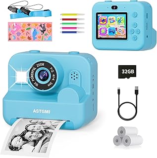 Instant Camera Children with Selfie, Children's Camera 1080P HD Instant Print of Photos, Birthday Gift, Christmas Gift Toy from 3 4 5 6 8 7 9 10 Years Girls Boys (Blue)