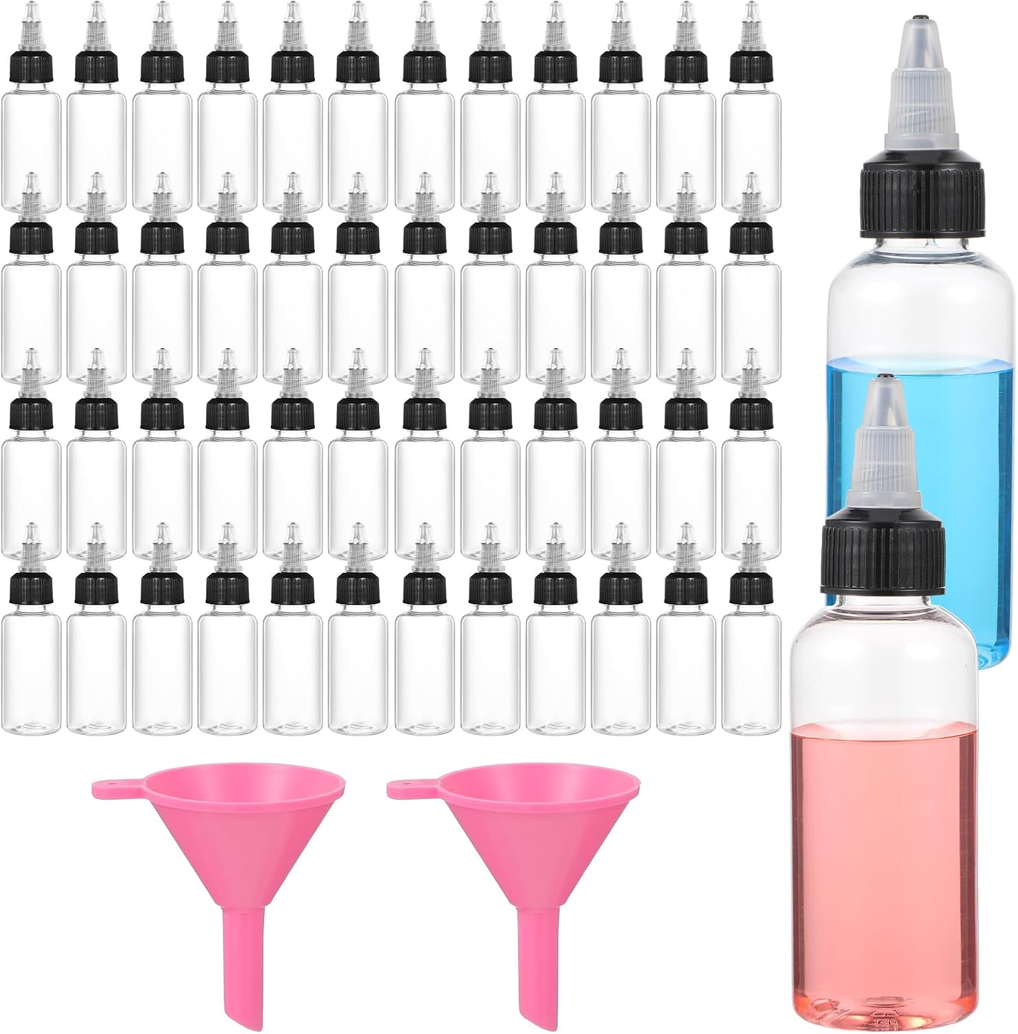 50 Pcs 2 oz Plastic Squeeze Bottles Dispensing with Twist Cap, Small Clear Squeeze Bottle with 2 Funnels for Liquids, Oils, Crafts, Kitchen, Household Home
