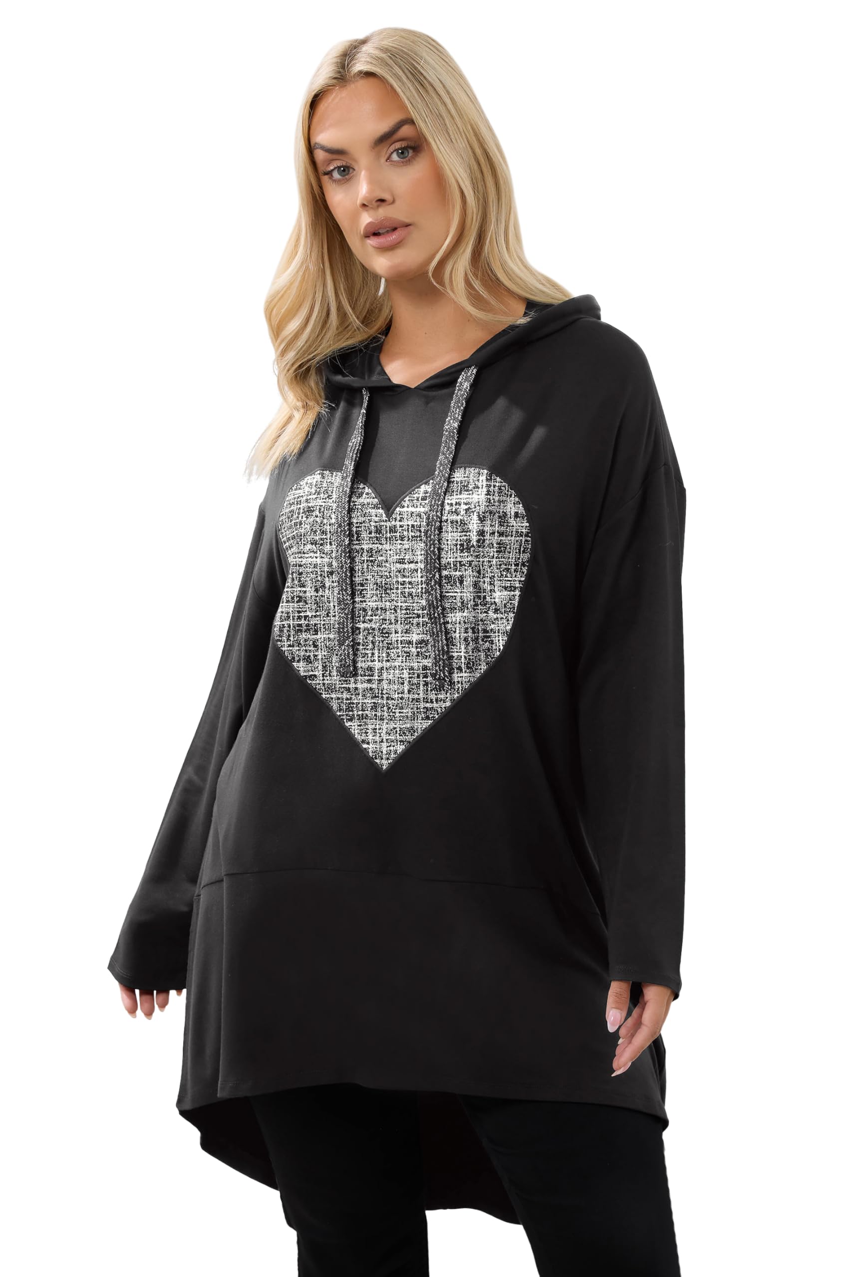 Yours Women's Heart Longline Hoodie in Black | Size: 26-28