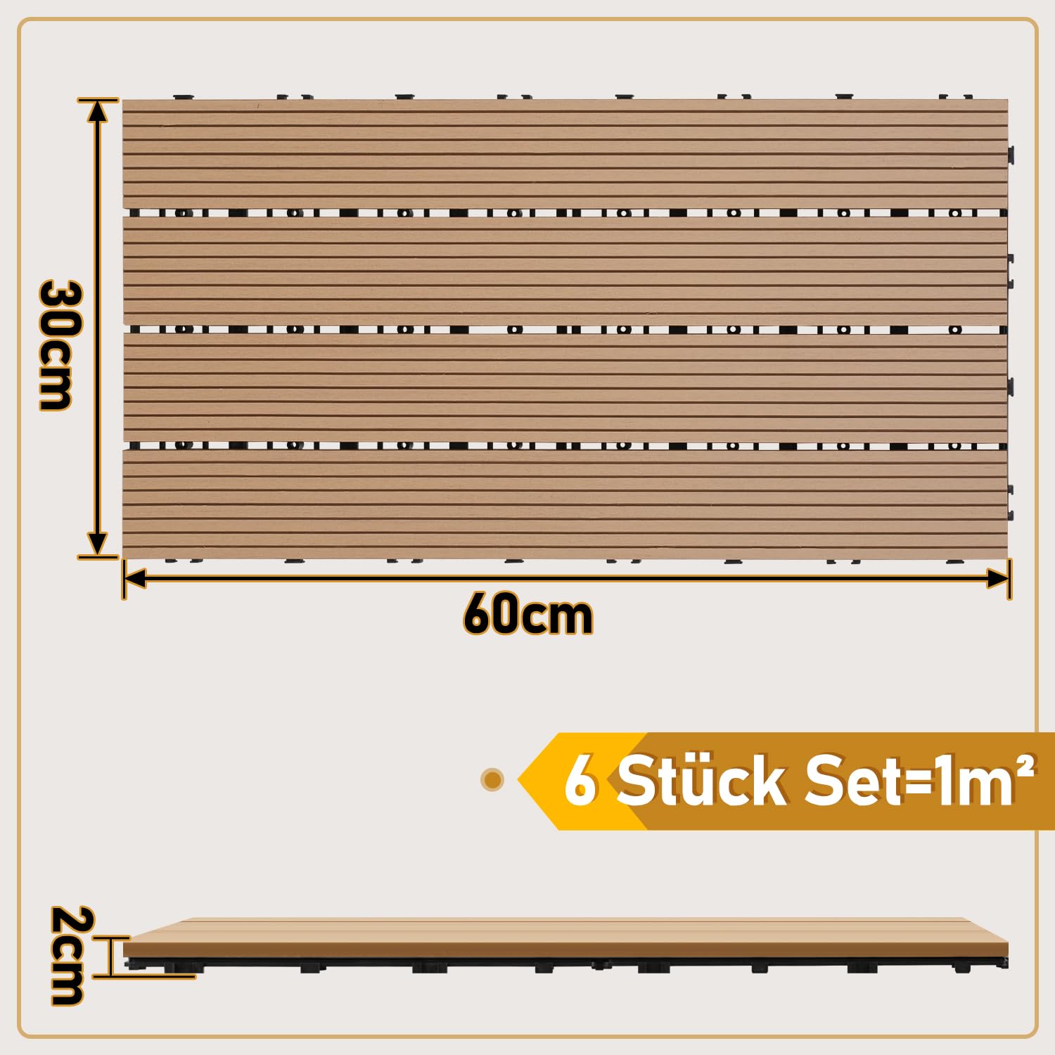 Randaco Lot de 12 dalles de balcon en WPC - 30 x 60 cm - Aspect bois - Pour 2 m² - Résistant aux intempéries - Avec fonction de drainage - Antidérapant - Facile à poser - Teck
