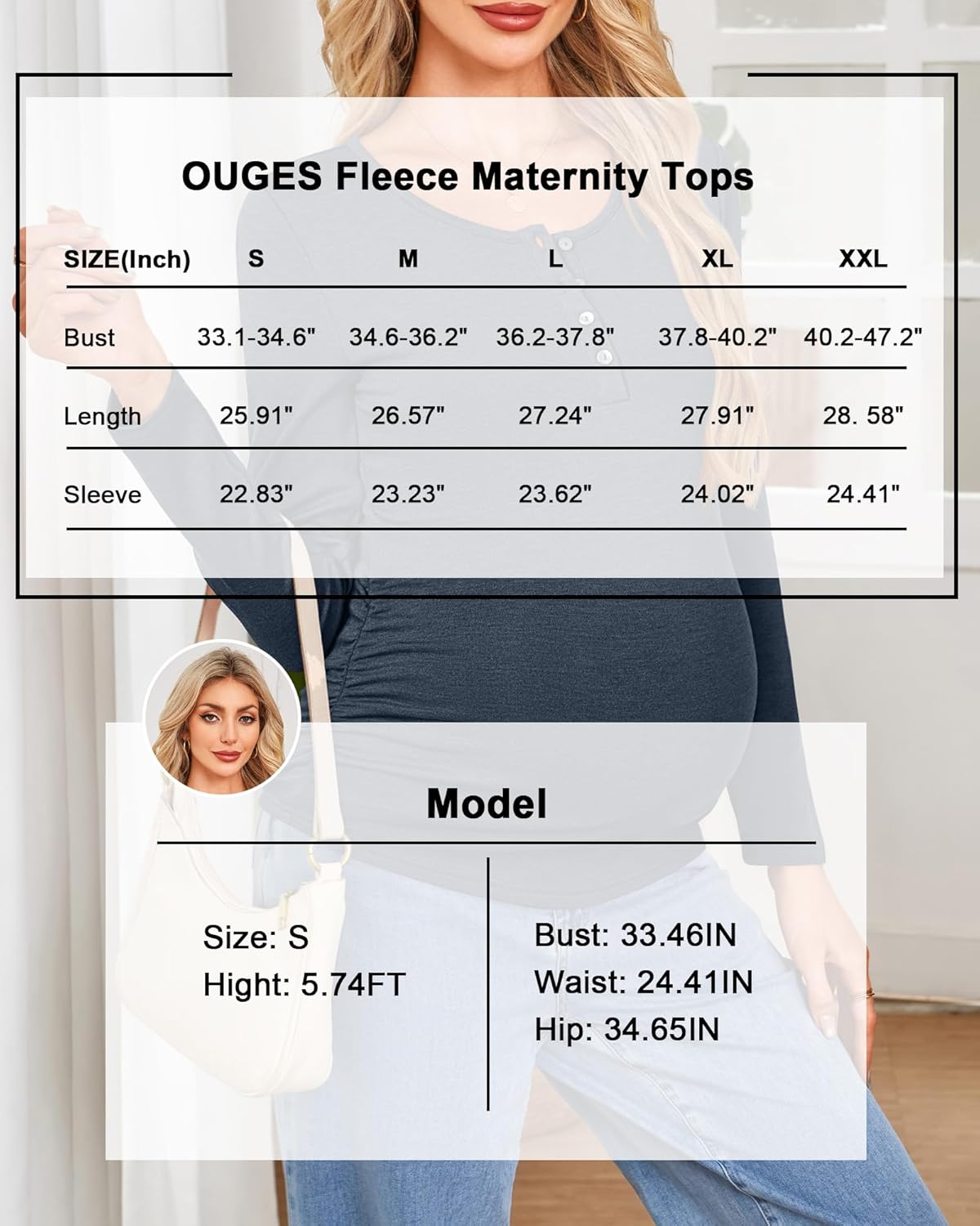OUGES Womens Long Sleeve Cotton Blend 2 Packs Light Fleece Thermal Henley Maternity Shirts Side Ruched Button Fall Tops