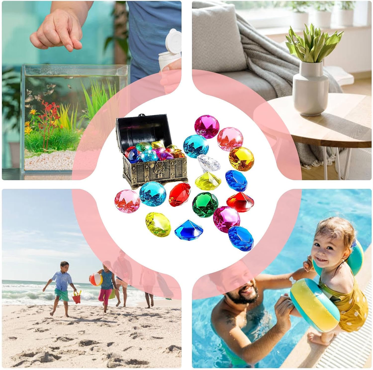 Pool Diving Gems - Underwater Treasure Jewel Toy Set with Wooden Chest, Colorful Acrylic Dive Jewels, Swimming Pool Training Sink Toys, Decorative Vase Fillers & Fish Tank Ornaments | for Kids