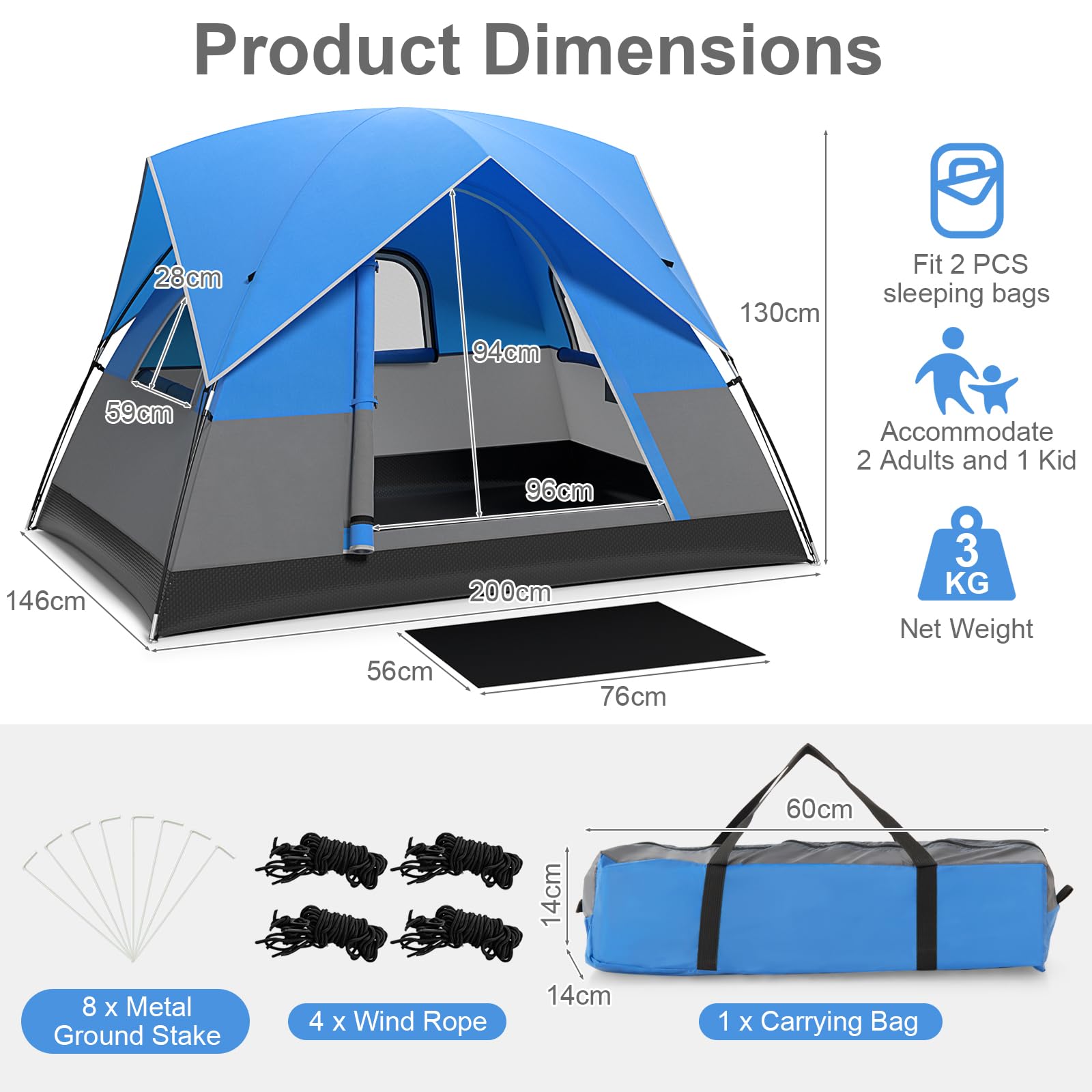 HOMASIS Tenda da campeggio per 2-3 persone, impermeabile a cupola con 3 finestre e tettuccio a pioggia, tenda da esterno con 4 corde antivento e 8 picchetti, tenda ultraleggera per trekking,