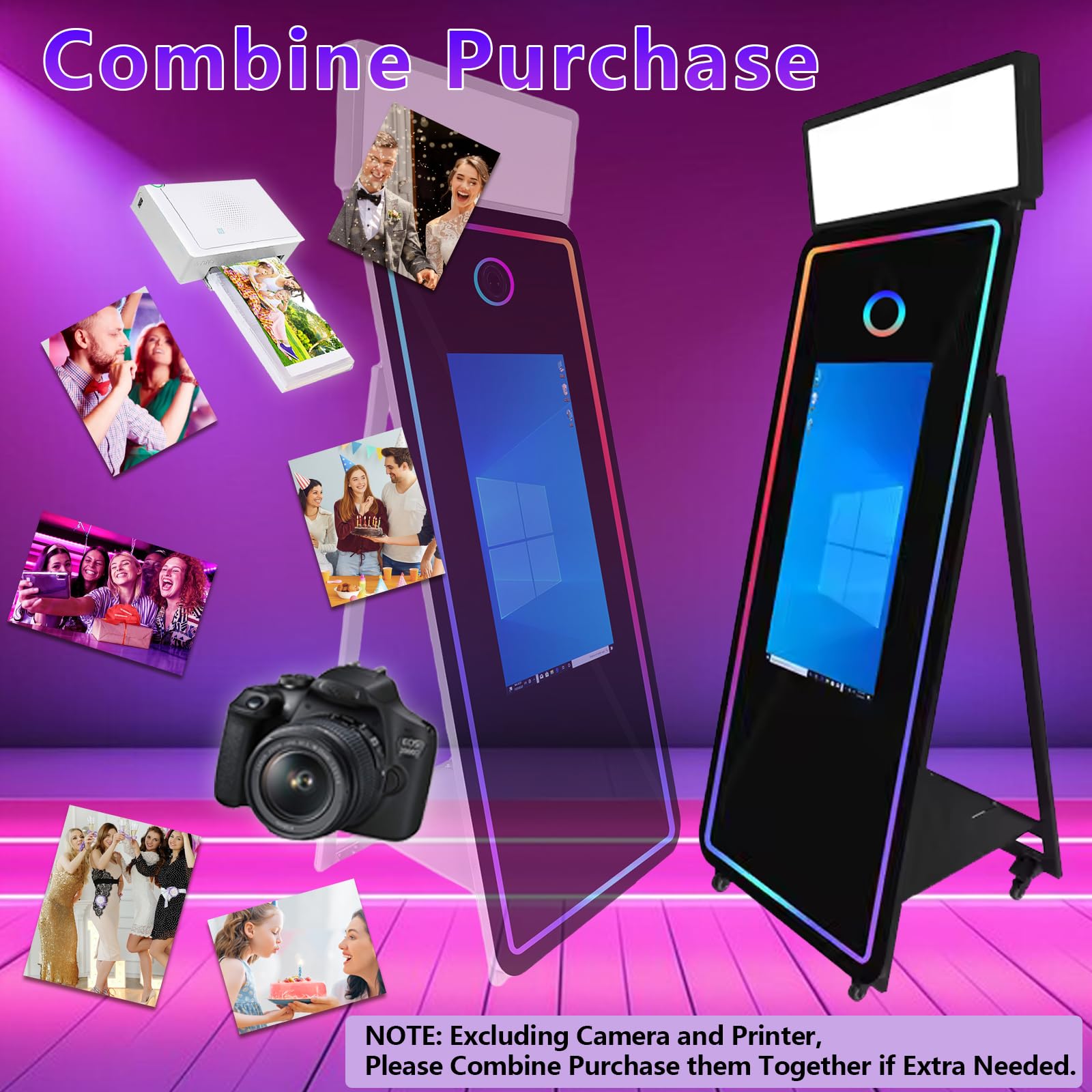 Magic Mirror Photo Booth Machine 165-81.3 cm fotobudka z ekranem dotykowym ze światłem RGB, drukowanie pomysłów i udostępnianie na imprezę (białe + kwadratowe światło, maszyna)