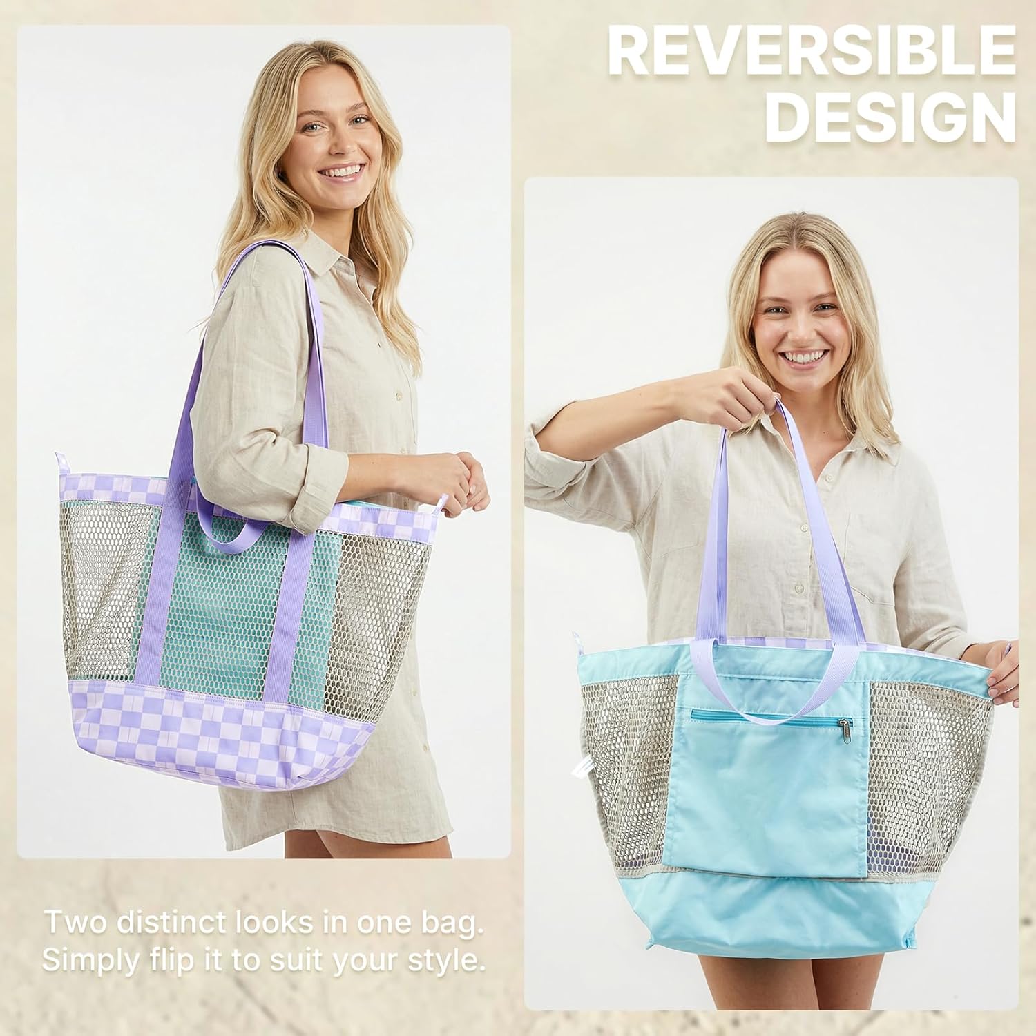 G4Free Mesh Beach Bags for Women Men Extra Large Packable Beach Tote Bag Reversible Travel Pool Shopping - Image 5