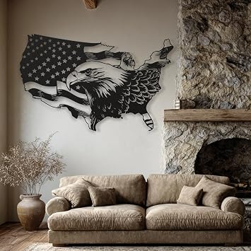 Metal American Flag Wall Art with Bald Eagle Black Patriotic Wall Decor for Living Room Garage Office Large USA Flag Eagle Wall Sculpture (Black, 24 x 15 / 60 x 37 cm)