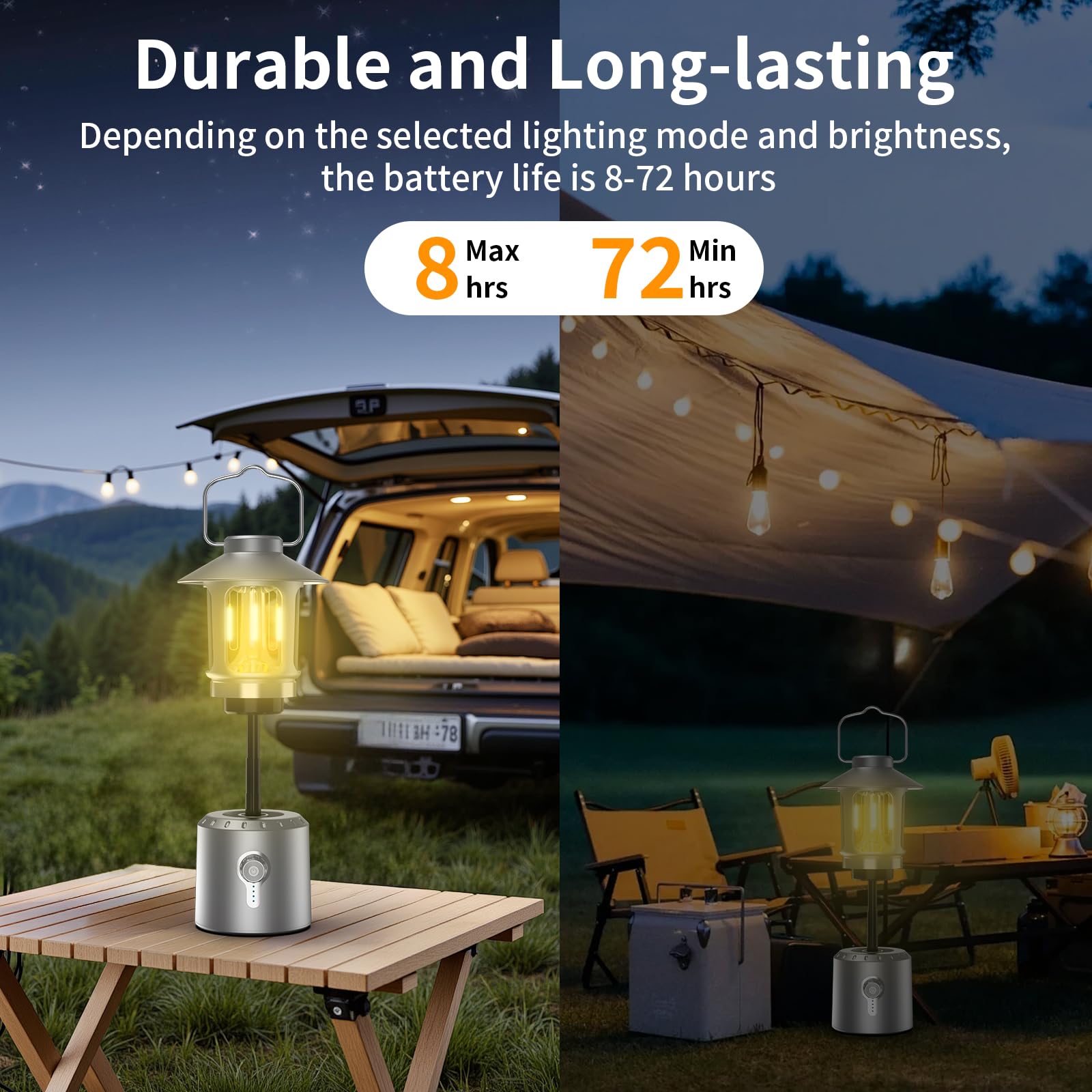 Linterna de camping recargable, 8000 mAh, funciona con pilas, luces LED de camping con 3 modos de luz (2000-6500 K), linternas telescópicas para cortes de energía, huracanes, senderismo, emergencia