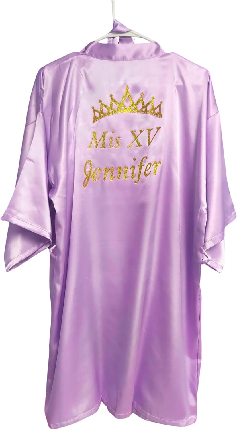 Satin quinceanera gown Mis Quince, personalized with name, glitter design with tiara symbol.