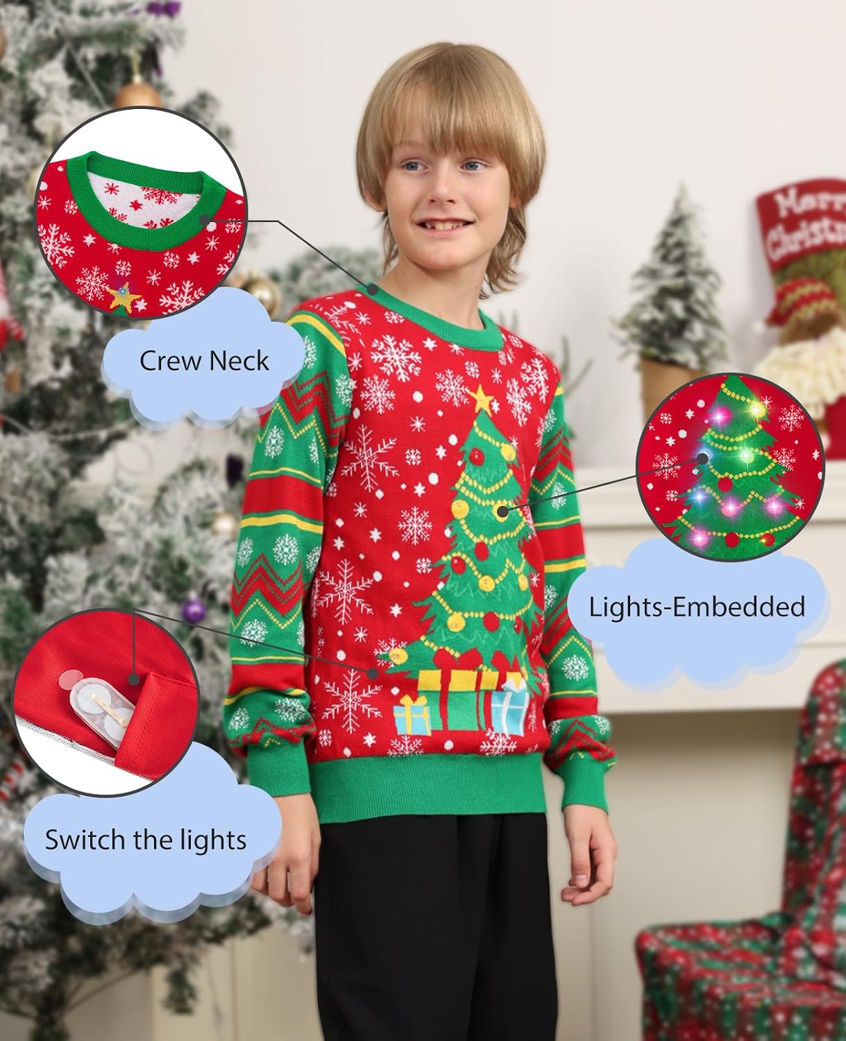 Kids Ugly Christmas Sweater LED Light Up Knit Ages 5-14