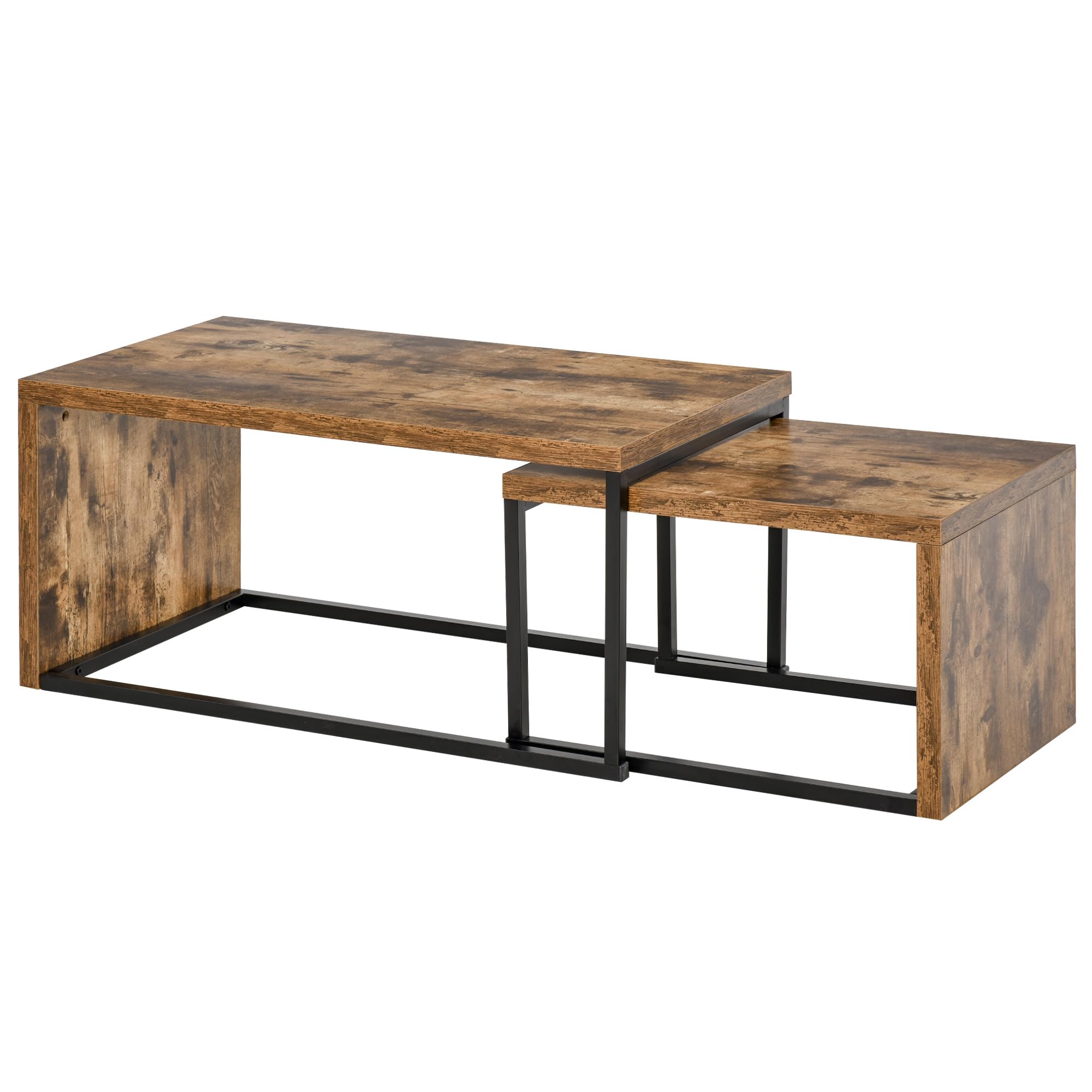 HOMCOM Nesting Coffee Table Set of 2 Industrial Rustic Brown | Stacking Side End Tables, Metal Frame, Living Room, Bedroom