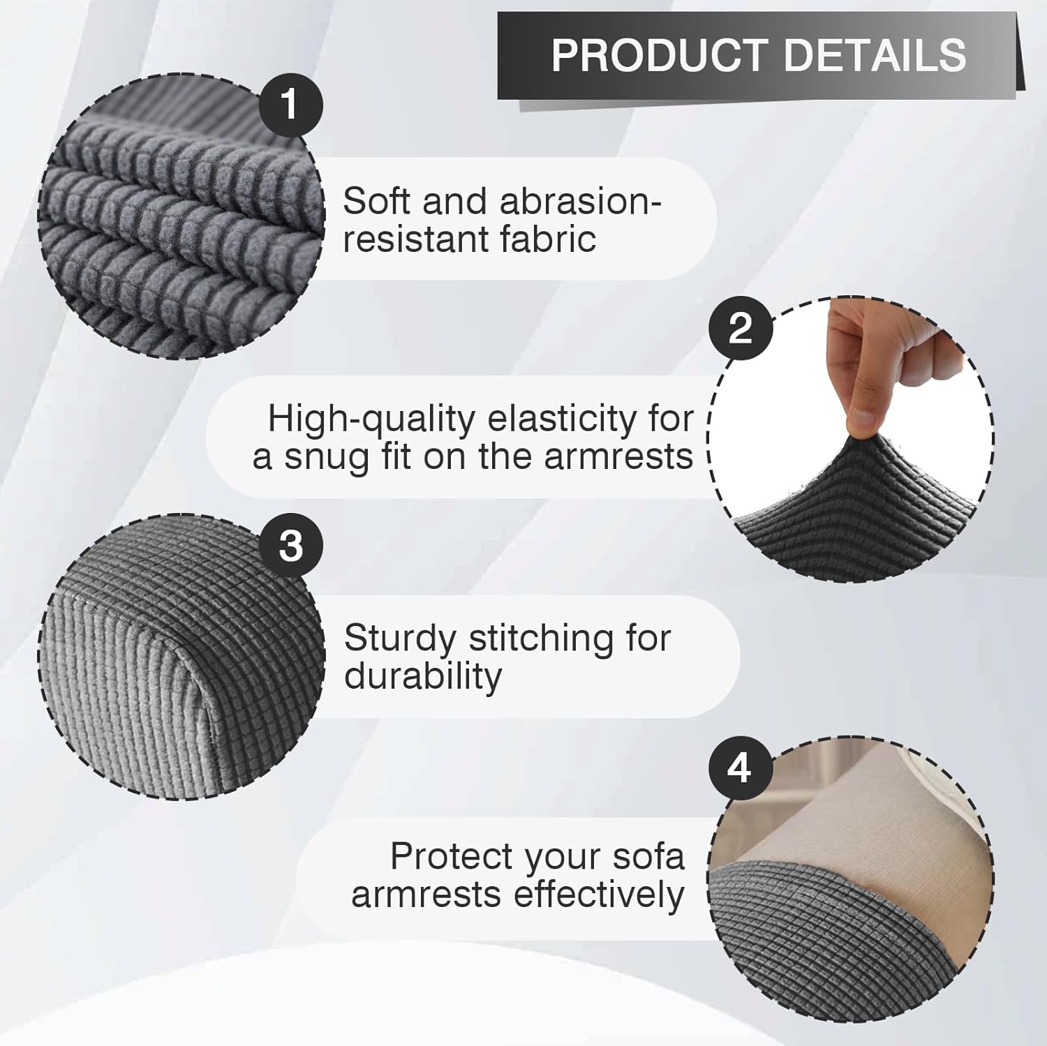 VEGCOO 4 Pcs Armrest Chair Covers, Stretch Arm Rest Covers Soft Polyester Armchair Couch Sofa Arm Caps with Laundry Bag, Non Slip Arm Covers Furniture Protector for Sofa Chair Couch Recliner (Grey)