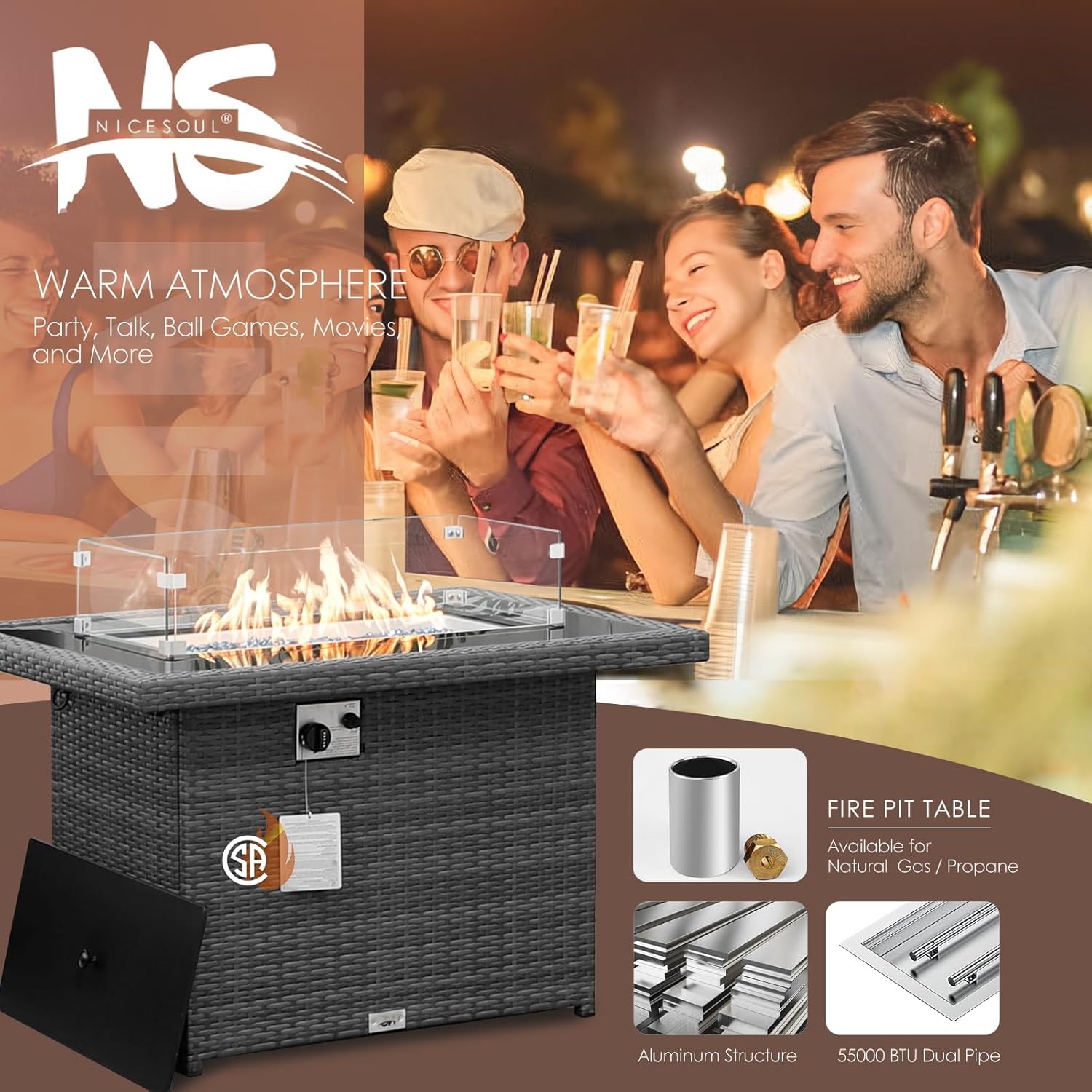 NICESOUL Wicker Propane Fire Pit Table, 60000 BTU Large Natural Gas Firepit Tables, 43'' Rectangle CSA Fireplaces for Deck Backyard, Fire Table with Windguard&Glass Rocks&Cover, Gray